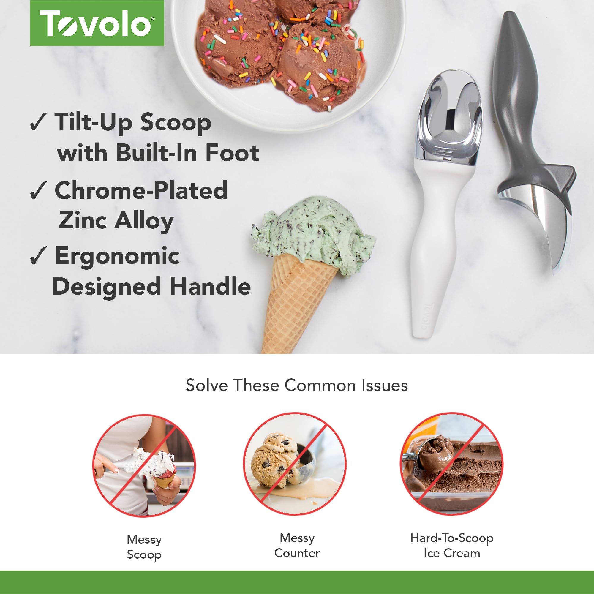 Tovolo Tilt-Up Ice Cream Scoop with Non-Slip Grip - Ergonomic Footed Handle for Cookie Dough, Gelato, Sorbet & Frozen Desserts - Dishwasher Safe BPA-Free Scooper for Home Kitchen & Ice Cream Shops
