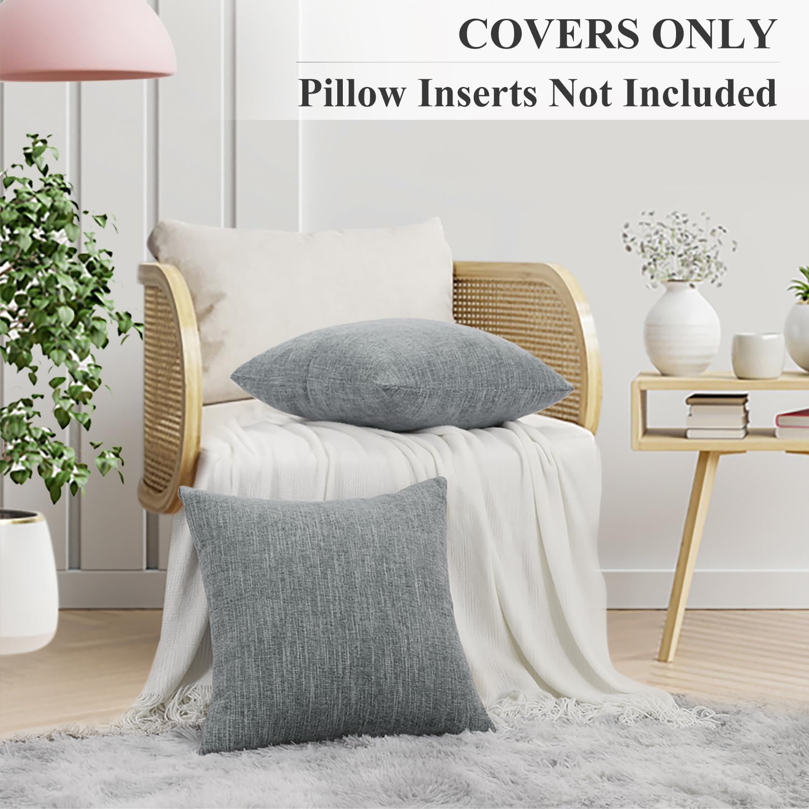 Farmhouse Chenille Decorative Throw Pillow Covers 20x20 Set of 2 - Soft Textured Square Couch Pillows for Sofa, Bed & Living Room Decor in Grey - Perfect for Cozy Home Accents and Seasonal Styling