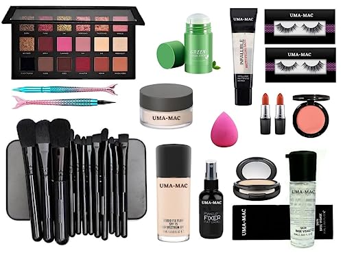 UMA MAC 17-Piece Makeup Kit for Girls - Green Mask Stick, Primer, False Eyelashes, Eyeshadow Palette, Eyeliner, Loose Powder, Puff & Lipstick | Perfect for Teen Beauty, Cosplay & Everyday Makeup Looks