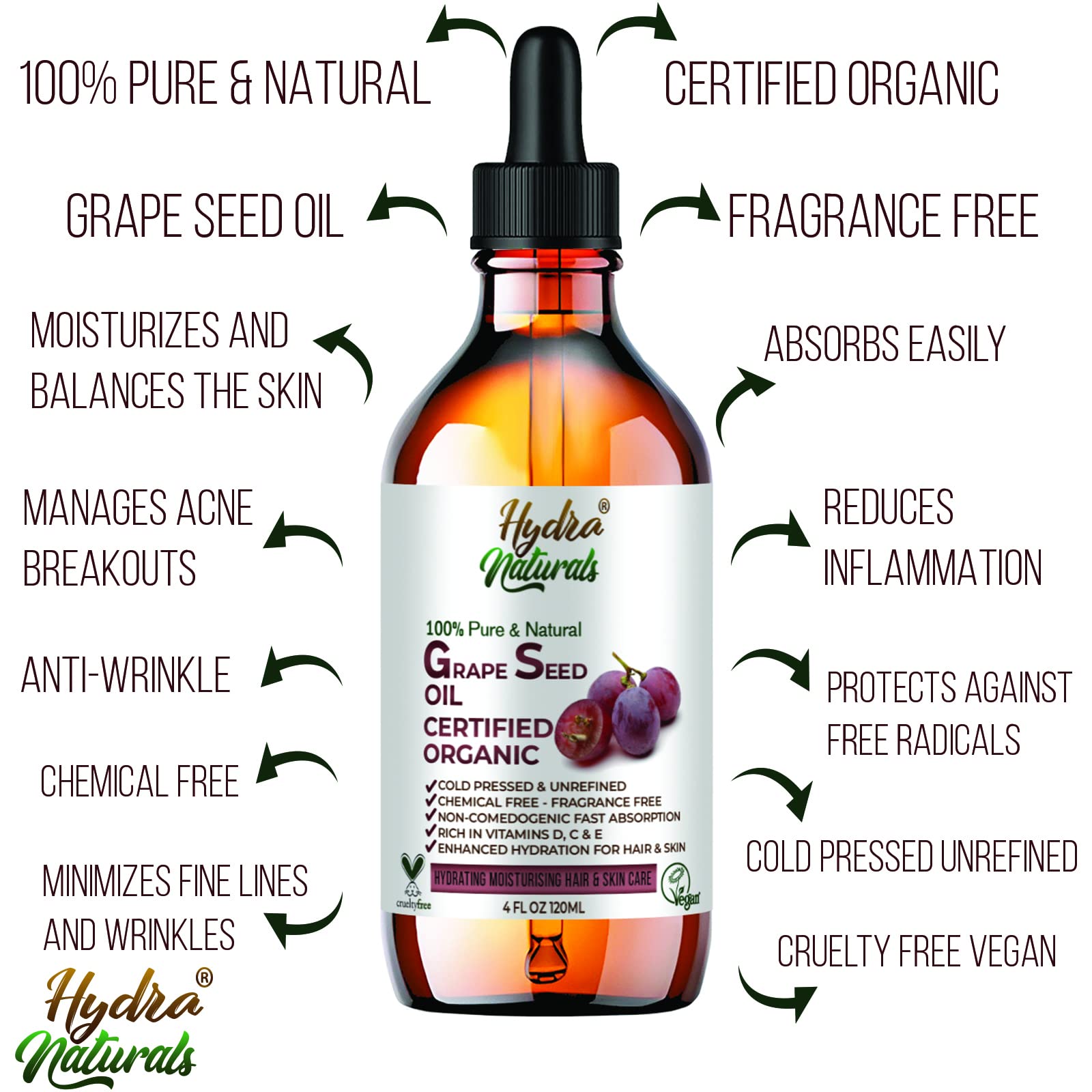 Hydra Naturals 100% Pure Cold Pressed Grapeseed Oil for Skin, Hair & Massage - Unrefined Hexane-Free Non-GMO Carrier Oil - Lightweight Moisturizer & Essential Oil Blend Base - Perfect for DIY Beauty, Aromatherapy & Spa Treatments (120ml)