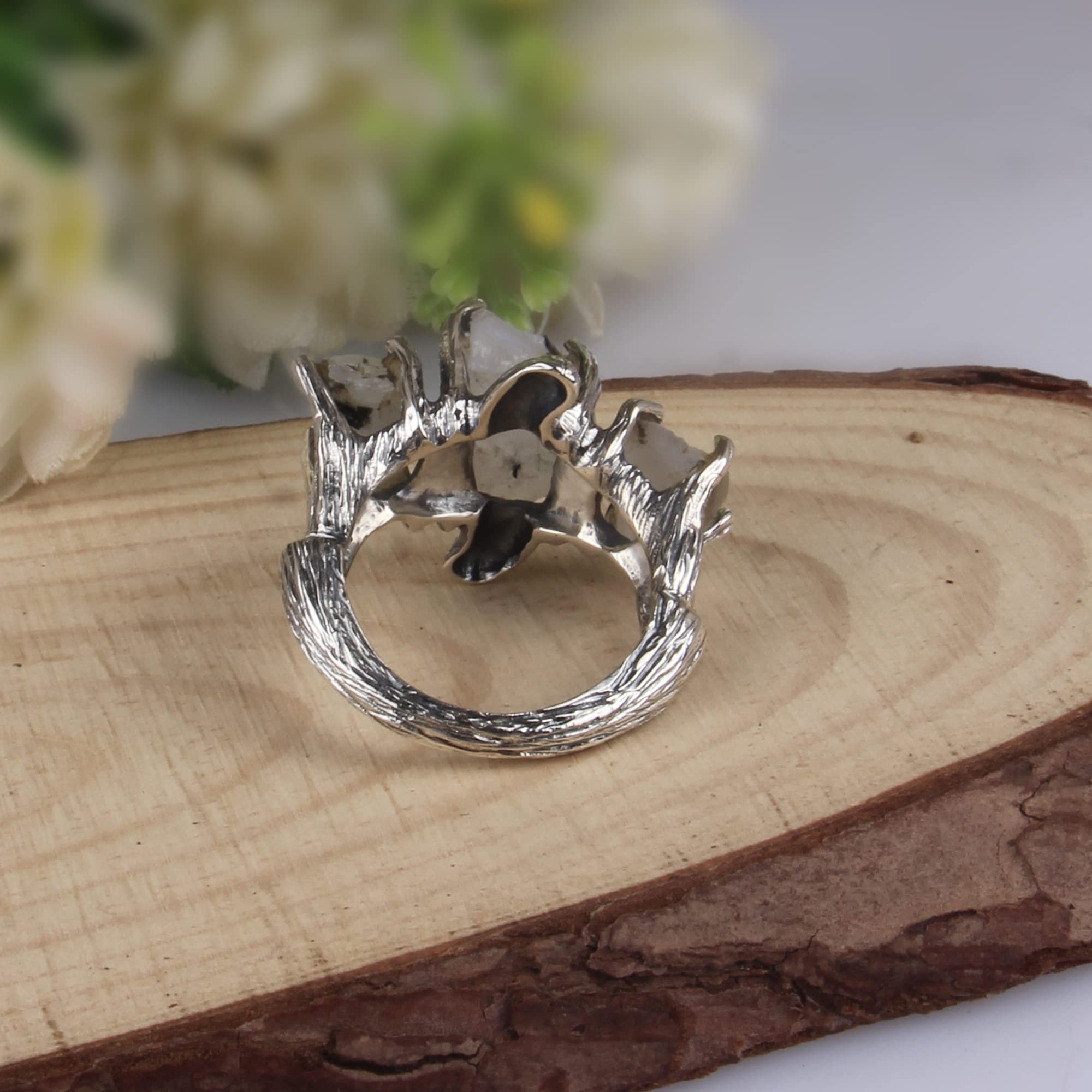 Natural Raw Rainbow Moonstone Ring | Boho Bohemian Gemstone Jewelry for Women | Unisex Promise Gift Ring | Perfect for Everyday Wear, Meditation & Spiritual Healing