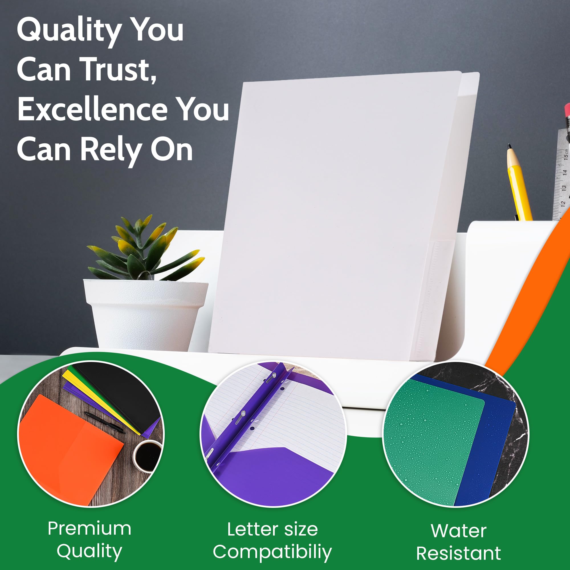 EPI Heavy Duty Plastic Folders with Pockets 24 Pack - 2 Pocket Folders with Prongs, Tear-Resistant Letter Size 8.5x11 Inches - Green Presentation Folders for School, Office, Business Documents & File Organization
