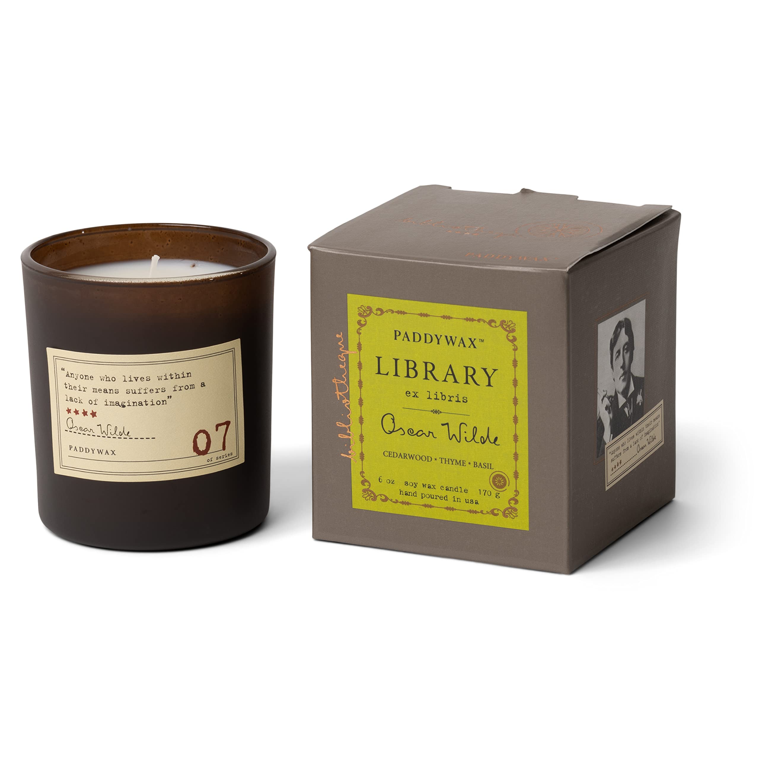 Paddywax Candles GL07Z Library Collection - Oscar Wilde Scented Soy Wax Candle, 6.5 Oz, Cedarwood Thyme Basil Fragrance | Home Decor, Relaxation & Reading Nook Ambiance