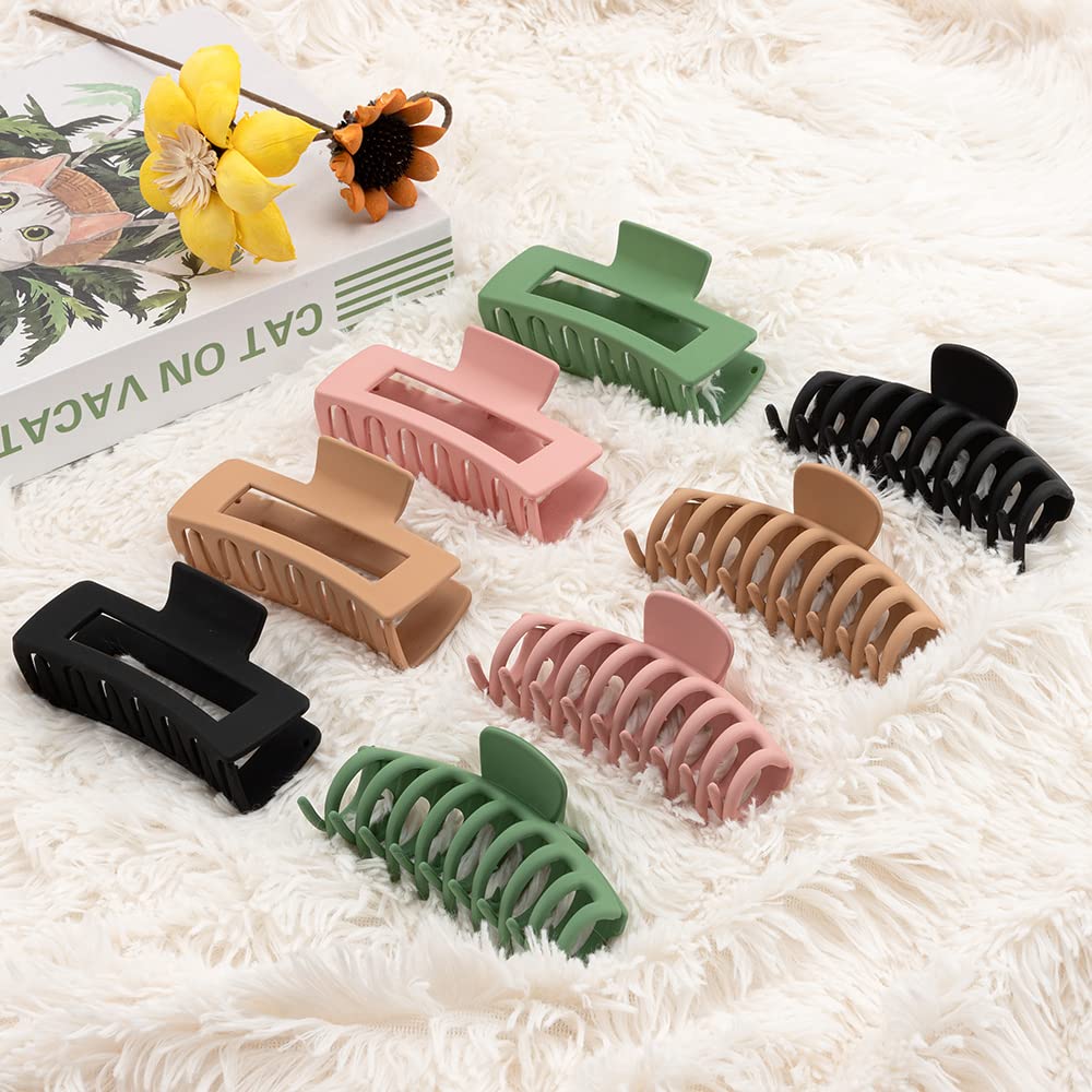 8 Pack Matte Non-Slip Strong Hold Banana Square Hair Claw Clips for Women - Large Hair Clips for Thick, Thin & Fine Long Hair - Perfect for Work, Gym, Travel & Everyday Styling