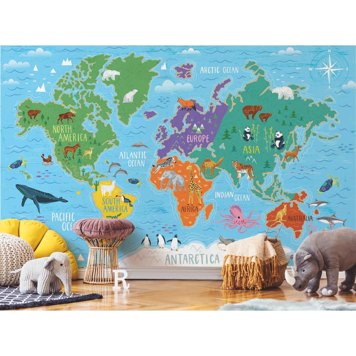 RoomMates RMK11772M World Map Peel and Stick Wall Mural - 10.5 ft x 6 ft - Educational Classroom Decor for Teachers & Homeschooling - Perfect for Geography Lessons & Kids Bedroom Decor