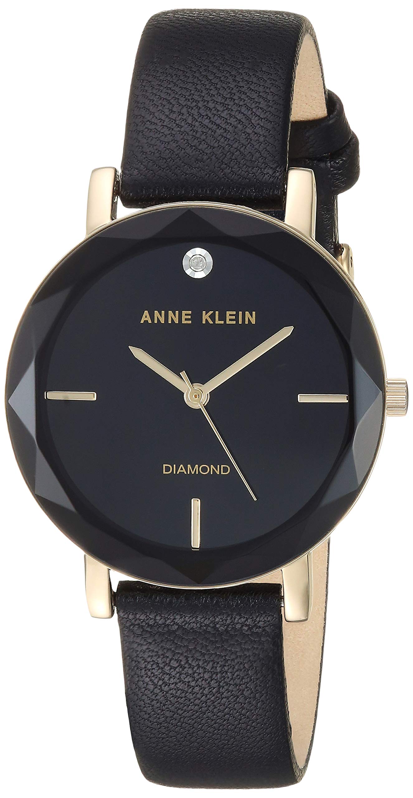 Anne Klein Women's Genuine Diamond Dial Gold-Tone & Black Leather Strap Watch - Elegant Dress Watch for Business, Party & Everyday Wear