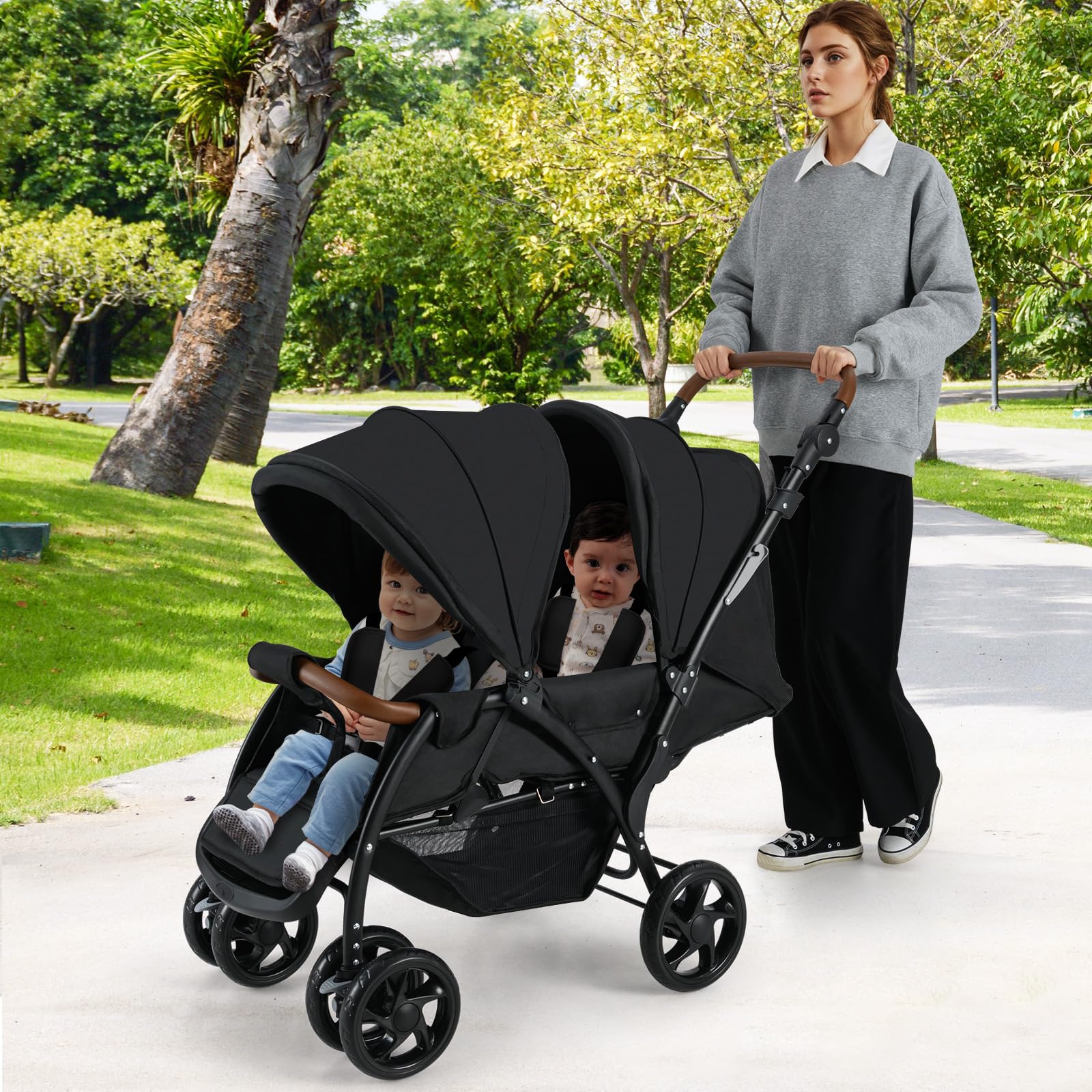 INFANS Double Stroller - Foldable Tandem Baby Stroller with Adjustable Backrest, Canopy & Footrest | 5-Point Safety Harness, Large Storage Basket | Compact Convertible Twin Stroller for Infants & Toddlers | Perfect for Shopping, Travel & Outdoor Walks