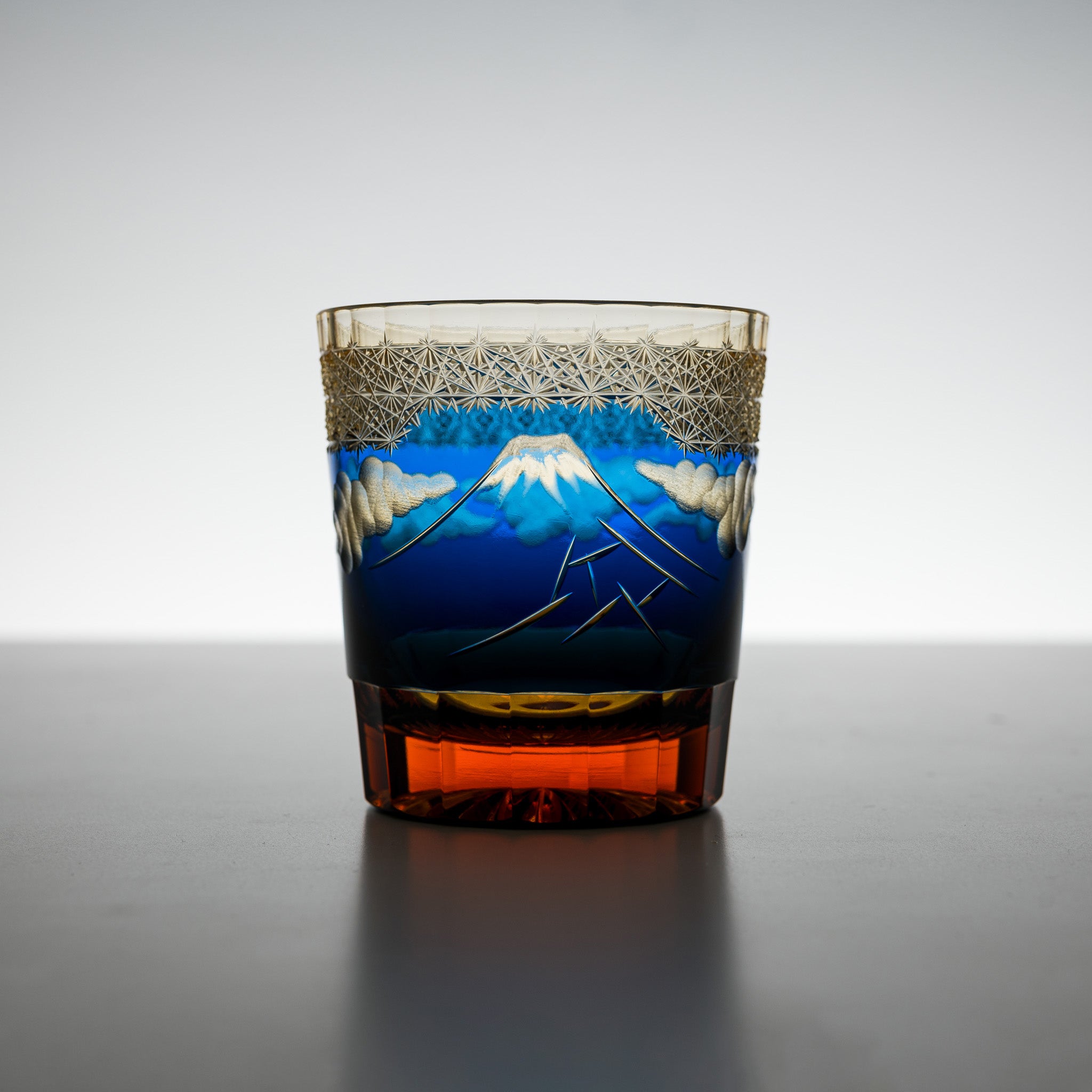 Yamada Crystal Glass Rock Glass with Mt Fuji Design in Amber & Blue - Perfect for Whiskey, Cocktails & Home Bar Decor