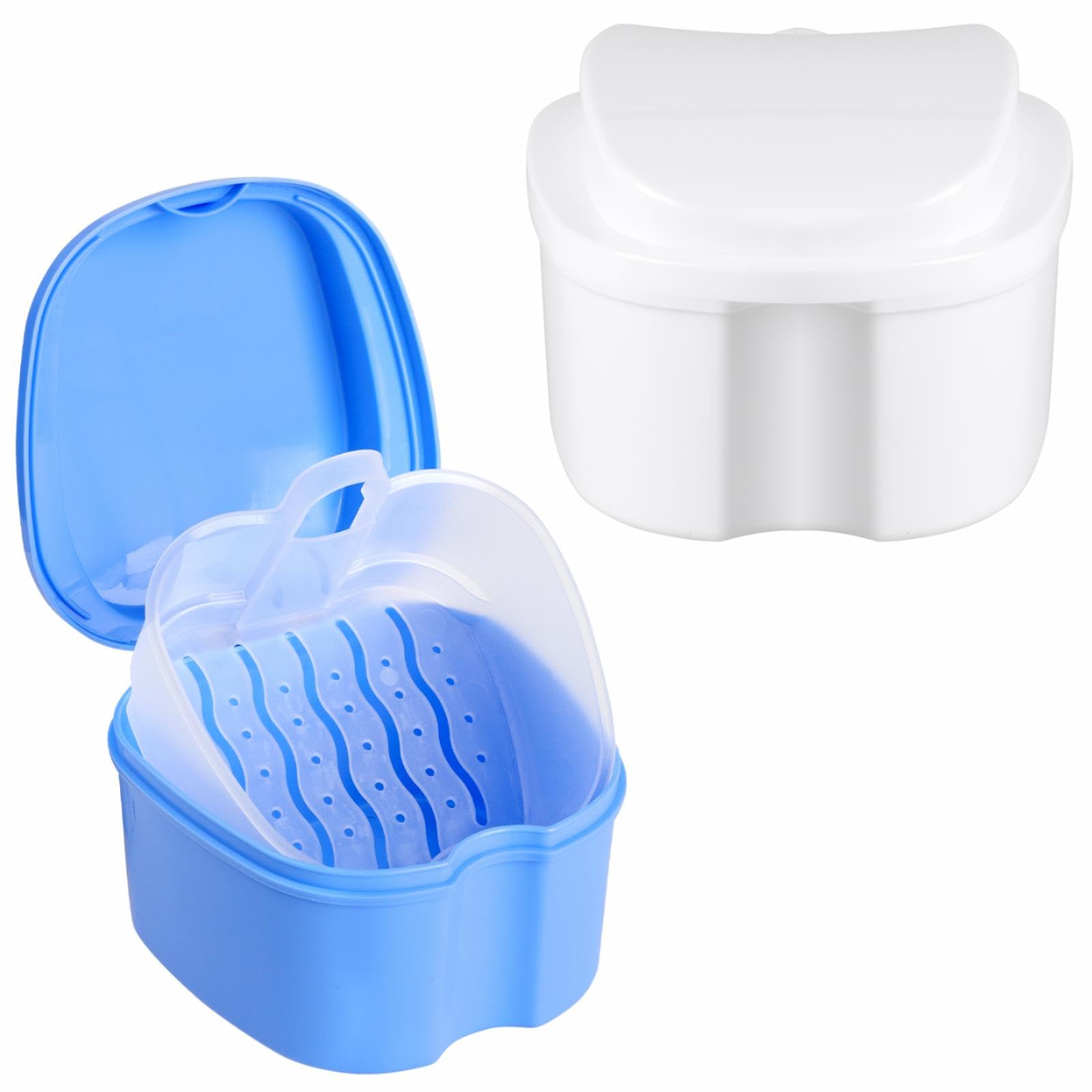 2 Pack Denture Case with Strainer Basket - Waterproof Denture Holder for Full & Partial Dentures - Soaking Denture Cups in Blue & White - Perfect for Travel, Overnight Storage & Denture Cleaning