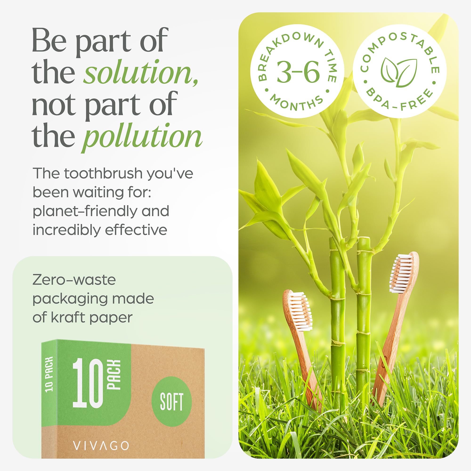 Eco-Friendly Biodegradable Bamboo Toothbrushes 10 Pack - BPA Free Soft Bristles, Compostable Natural Wooden Toothbrush for Sustainable Oral Care at Home & Travel