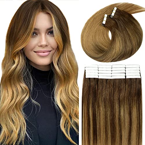 Caliee 16 Inch Tape-in Human Hair Extensions - 100% Remy Hair, Seamless Silky Straight, Balayage Chocolate Brown to Caramel Blonde, 50g 20-Piece Set for Natural Volume & Thick Ends | Perfect for Daily Wear, Parties & Special Occasions