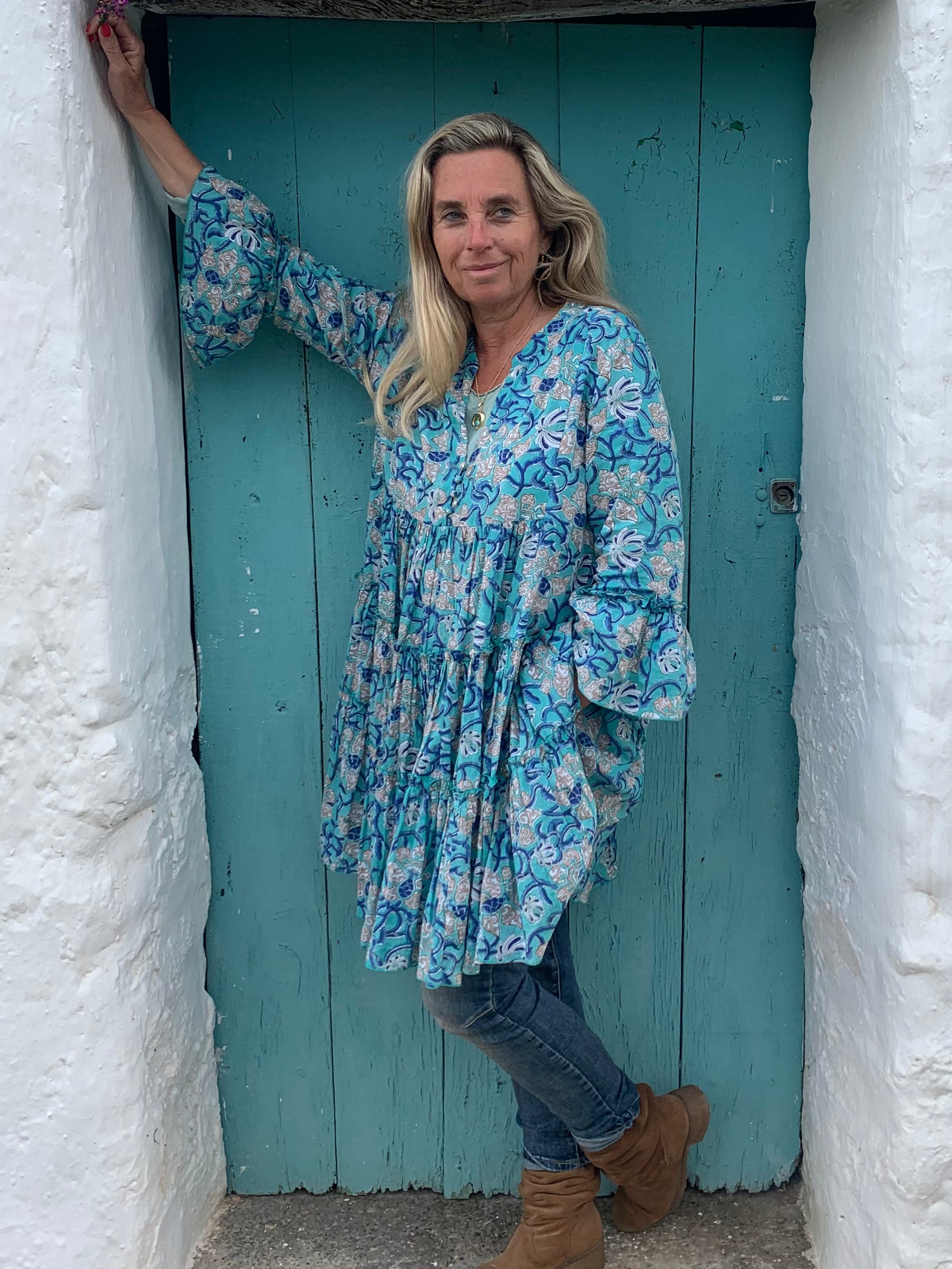 Geo Short Dress with Pearl Turquoise Details - Perfect for Summer Outings, Beach Vacations & Casual Events