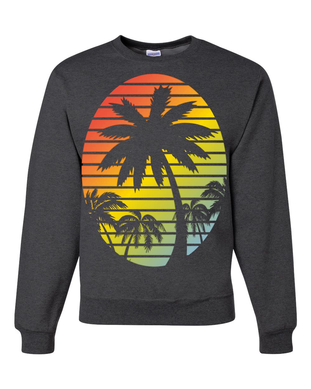Wild Bobby Tropical Palm Trees Silhouette Sunset Graphic Unisex Crewneck Sweatshirt | Pop Culture Casual Wear for Beach Vacation & Summer Outfits