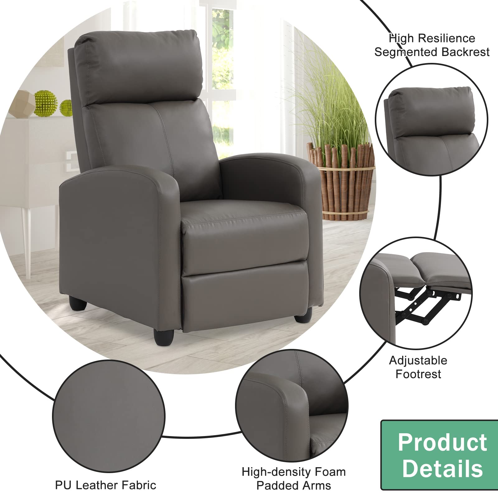 Modern Recliner Chair for Living Room - PU Leather Adjustable Lounge Chair with Thick Seat Cushion & Backrest, Winback Single Sofa for Home Theater, Reading & Relaxation - Grey (Perfect for Small Spaces, Apartments & Entertainment Rooms)