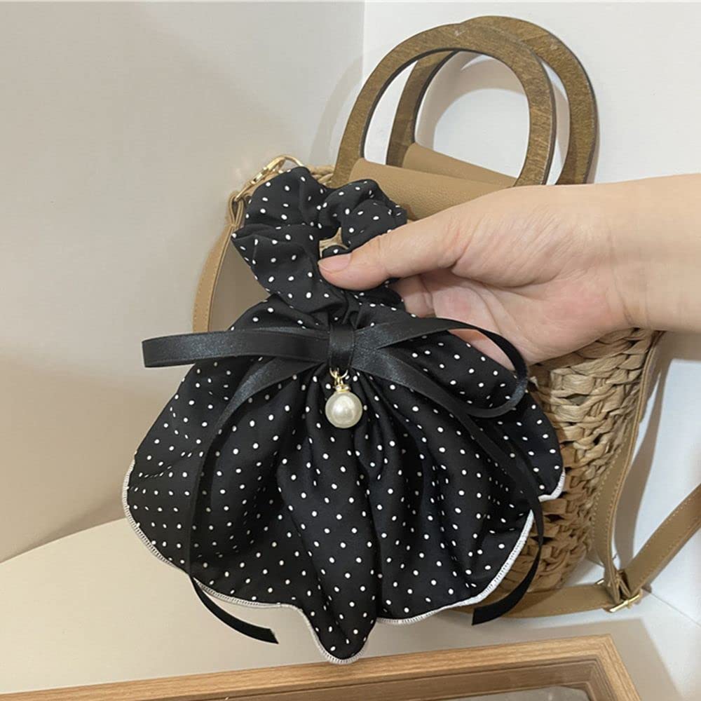 Korean Style Bow Hair Rope with Pearl Pendant - Elegant Scrunchies Hair Rings for Women | Hair Accessories for Parties, Weddings & Daily Wear (Black)