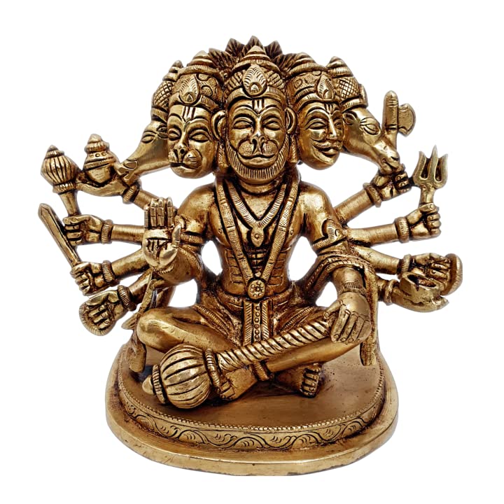 Panchmukhi Hanuman Brass Idol - Handcrafted Hindu God Statue for Home Altar, Office Decor & Spiritual Gifts | Perfect for Pooja Room, Meditation Space & Indian Cultural Display
