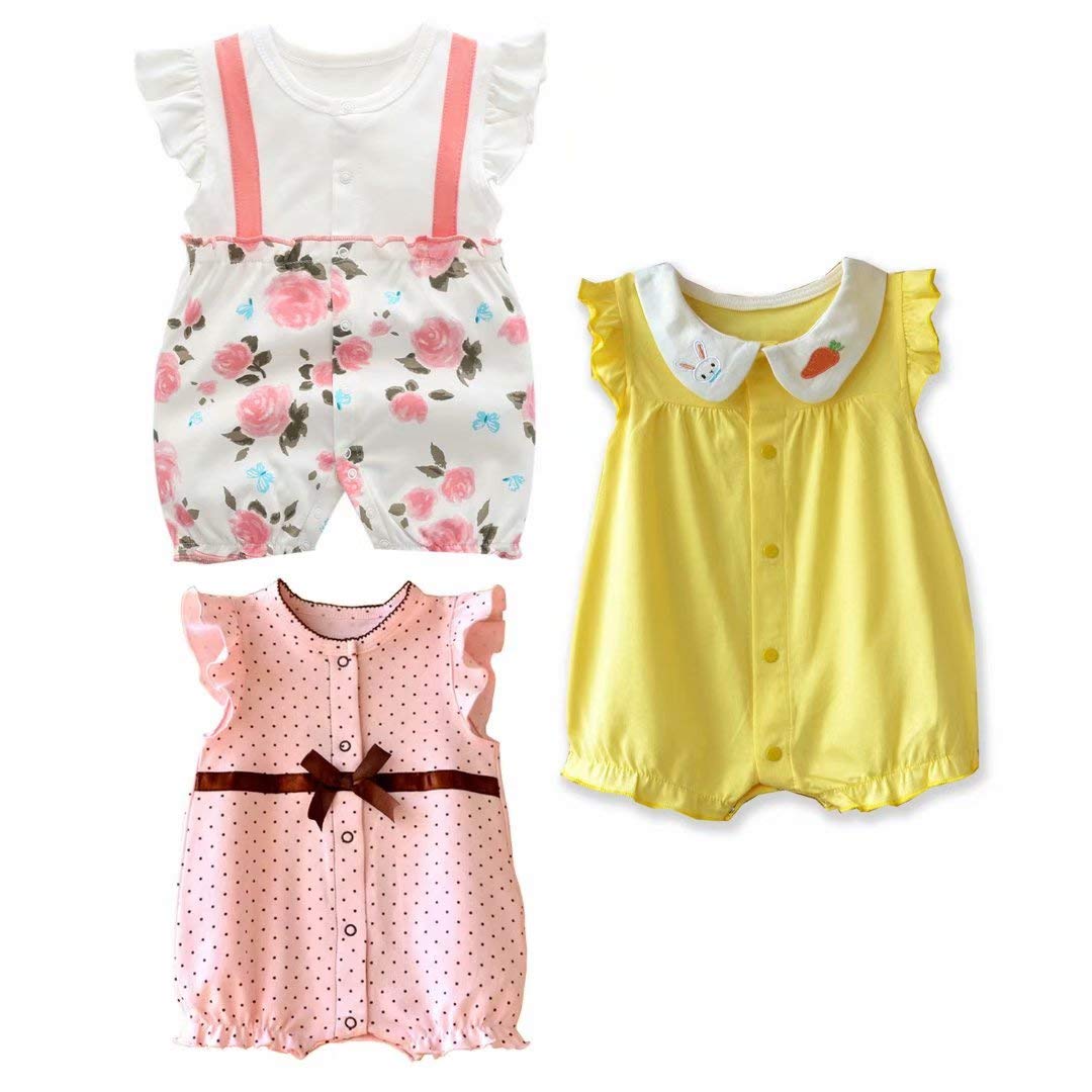 OLLULL Baby Girls' Romper Outfits - 3 Pack Soft Cotton One-Piece Summer Clothes for Infants & Toddlers - Perfect for Playtime, Beach Trips & Family Photos