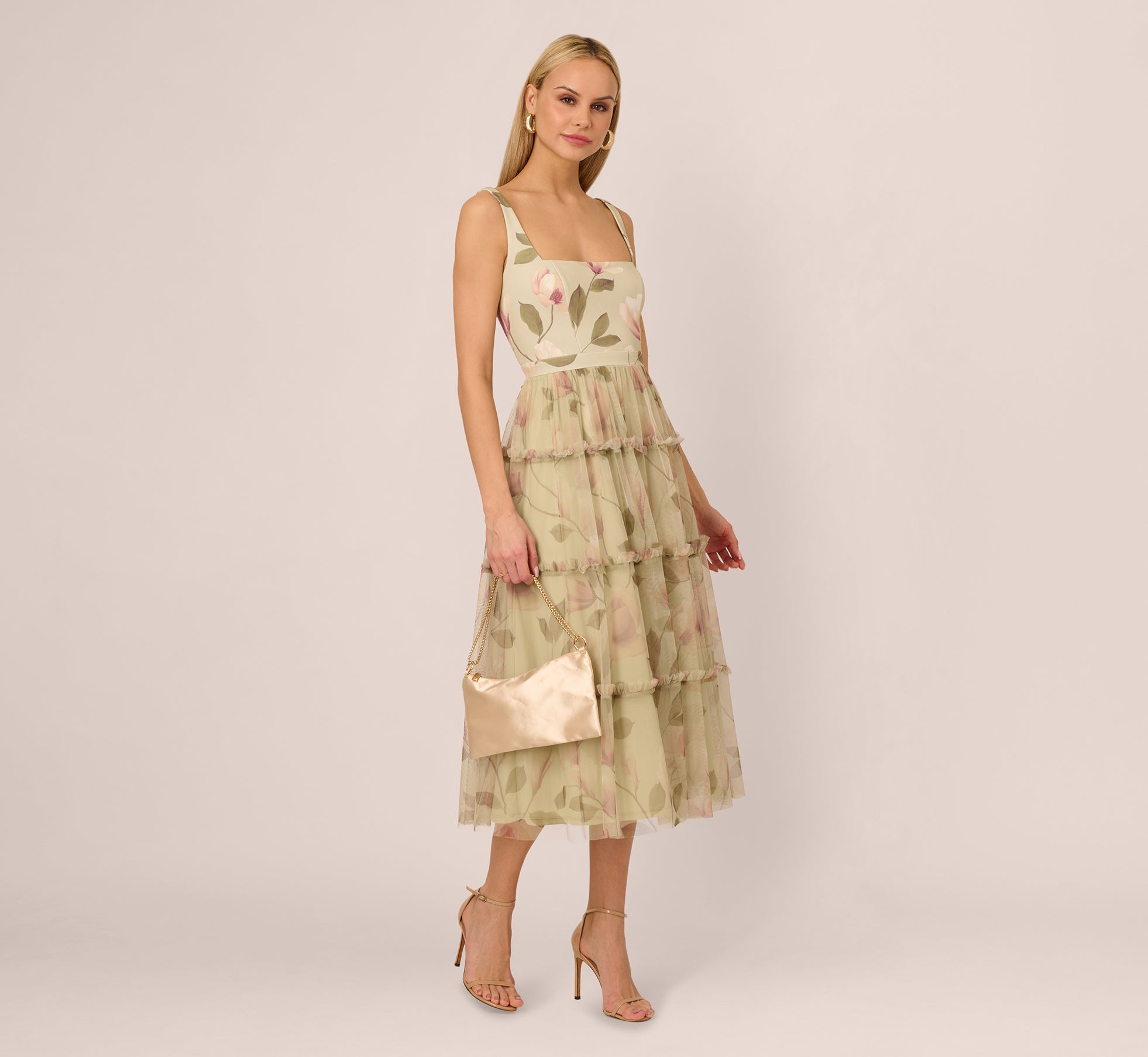 Floral Print Square Neck Sleeveless Tiered Midi Dress - Green Multi Color Summer Dress for Beach Vacation, Garden Party & Casual Outings