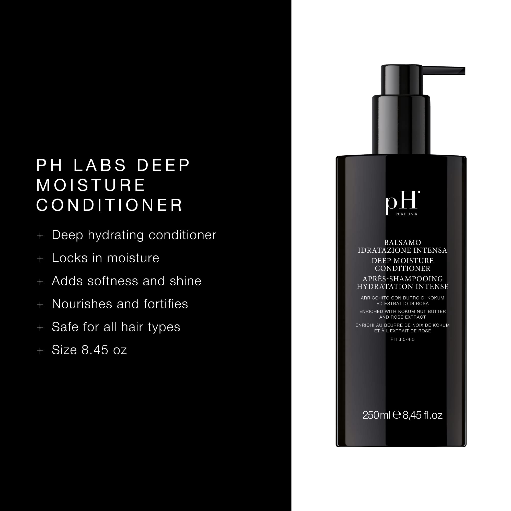 pH PURE HAIR Deep Moisture Conditioner for Dry Damaged Hair - Intense Hydrating Treatment with Kokum Nut Butter & Rose Extract - Frizz Free Soft Smooth Hair Care - 8.45 Oz - Perfect for Post-Wash Hydration & Salon-Quality Results at Home