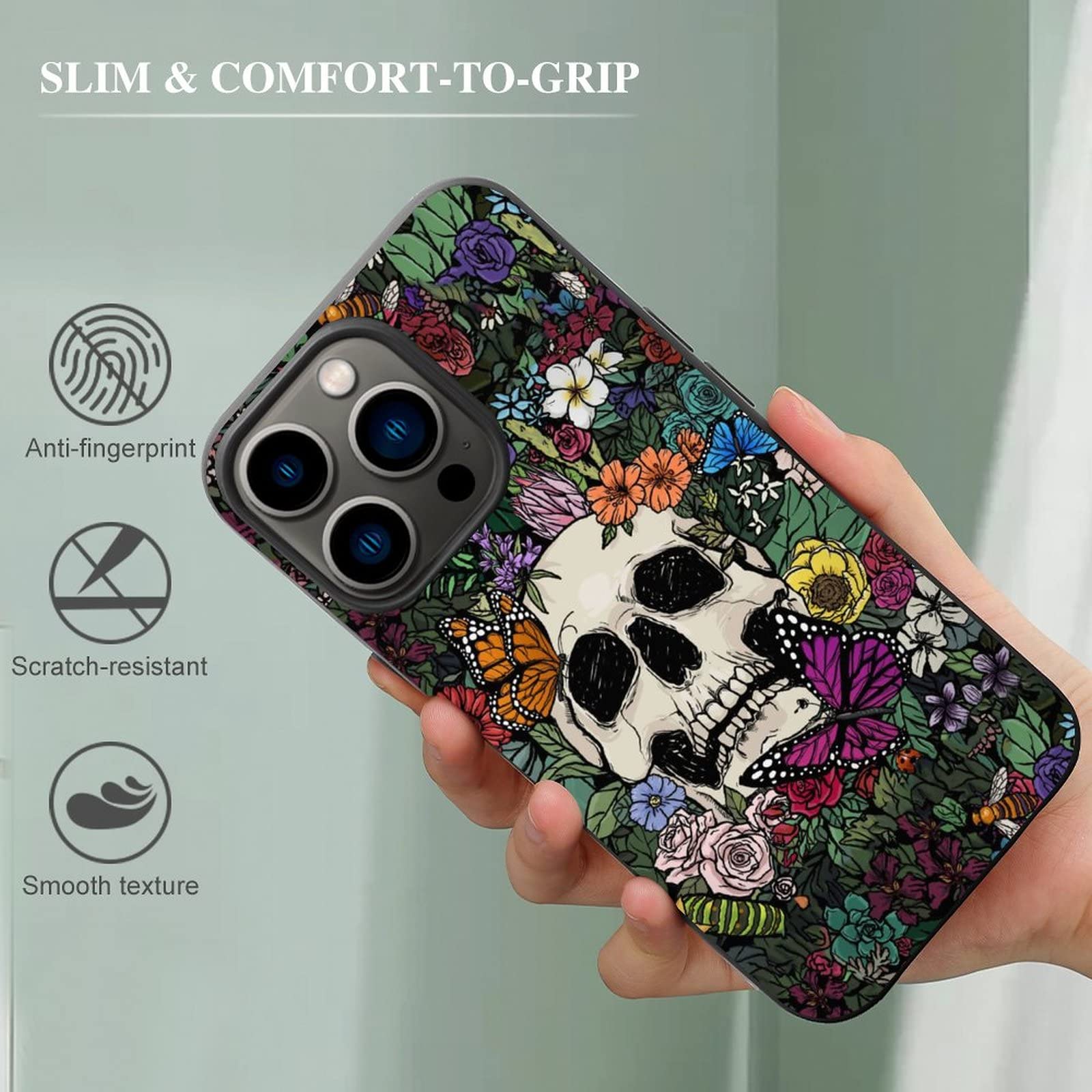 YASHILAIYA iPhone 13 Pro Max Case for Women - Skull with Butterflies & Flowers Design, Slim Soft TPU Shockproof Protective Cover (6.7
