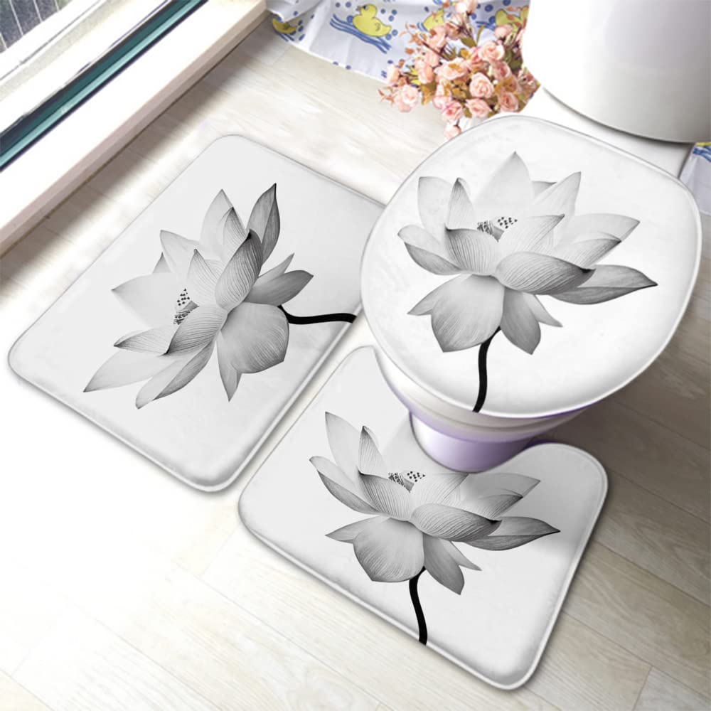 Zaueky 3-Piece Non-Slip Bathroom Rug Set - Lotus Flower Design, Rubber Backing, U-Shaped Contour Mat & Toilet Lid Cover - Soft Absorbent Cotton for Bath, Shower & Vanity Areas