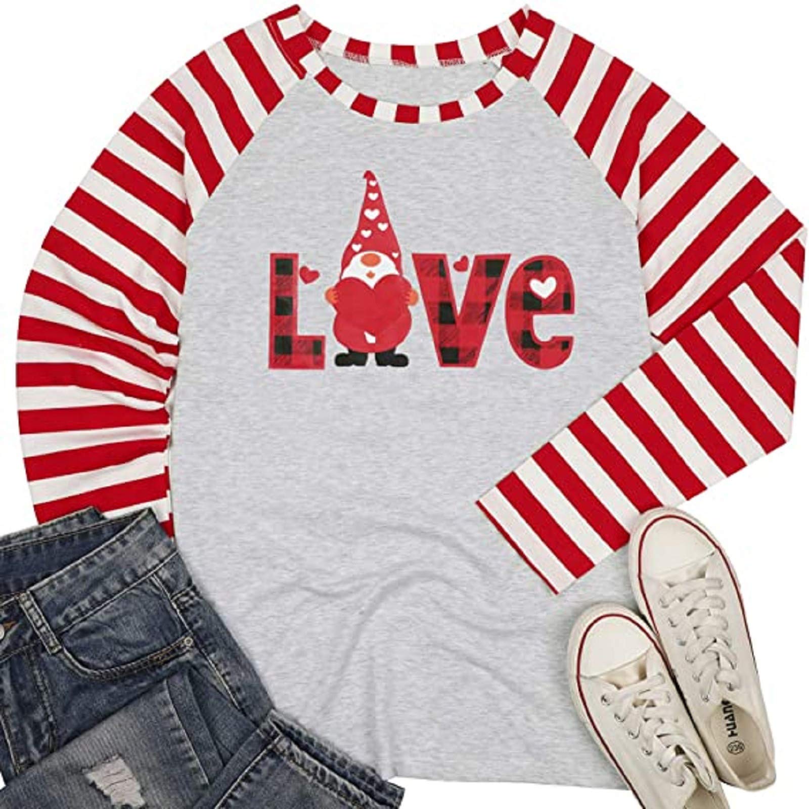Valentine's Day Striped Raglan Long Sleeve Blouse for Women - Cute Printed Tops for Date Night, Casual Wear & Holiday Outfits