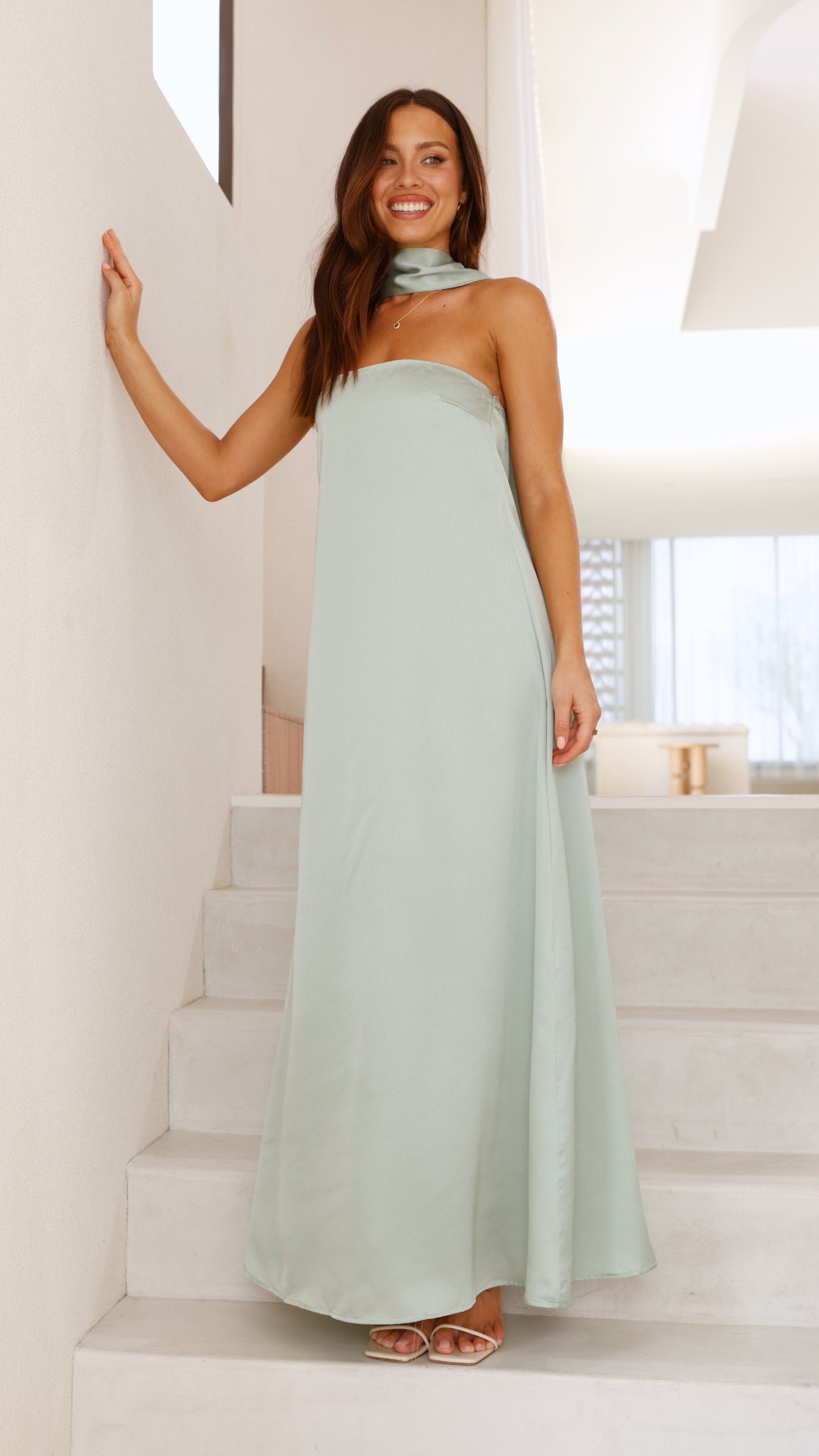 Strapless Scarf Maxi Dress in Sage Green - Flowy Summer Beach Dress for Women, Perfect for Vacations, Weddings & Outdoor Parties