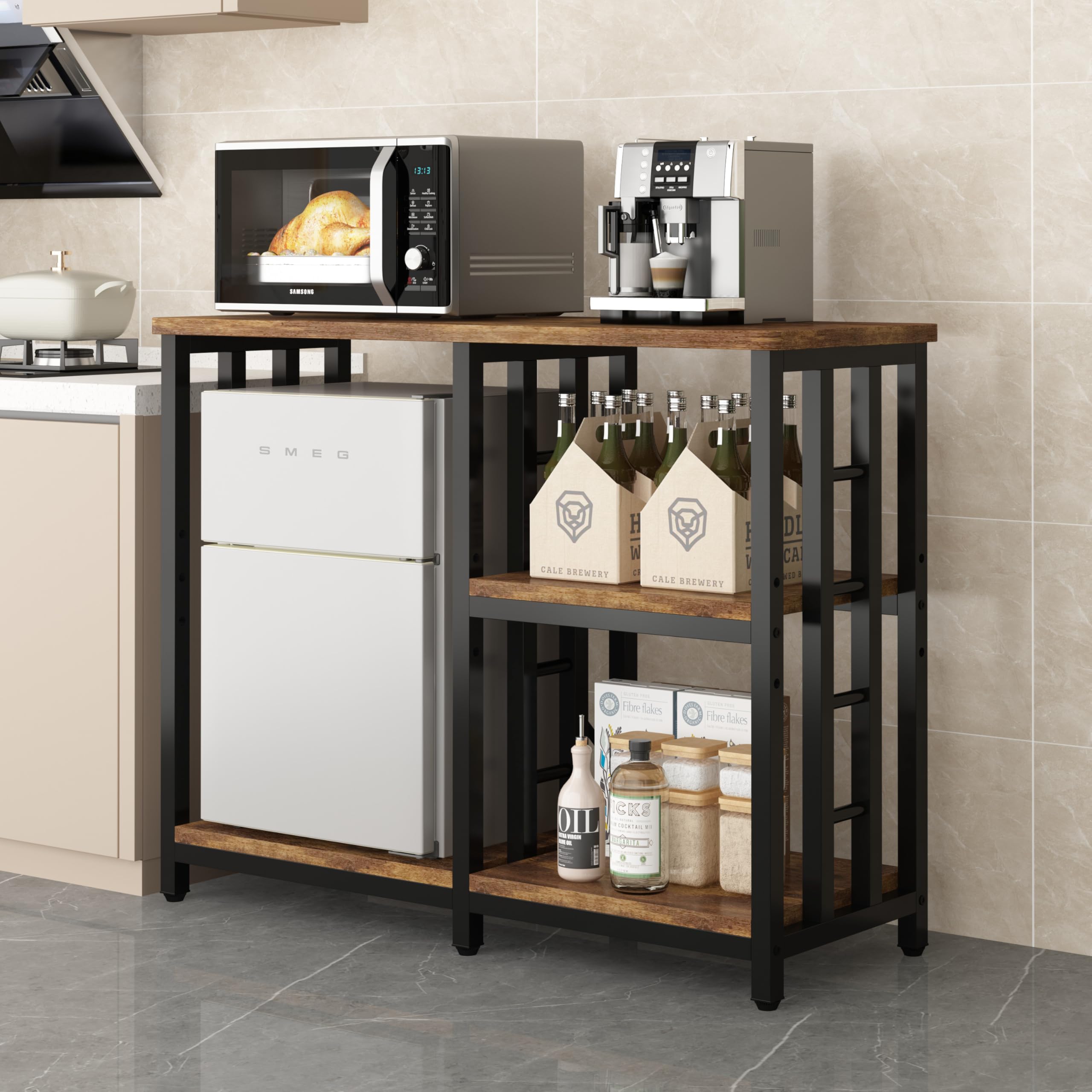 4-Tier Kitchen Baker's Rack with Microwave Stand & Mini Fridge Storage - Rustic Brown Kitchen Organizer Shelf for Spices, Utensils, and Food - Perfect for Coffee Bar, Fish Tank Stand (20-29-37 Gallon), and Small Appliance Organization in Compact Spaces