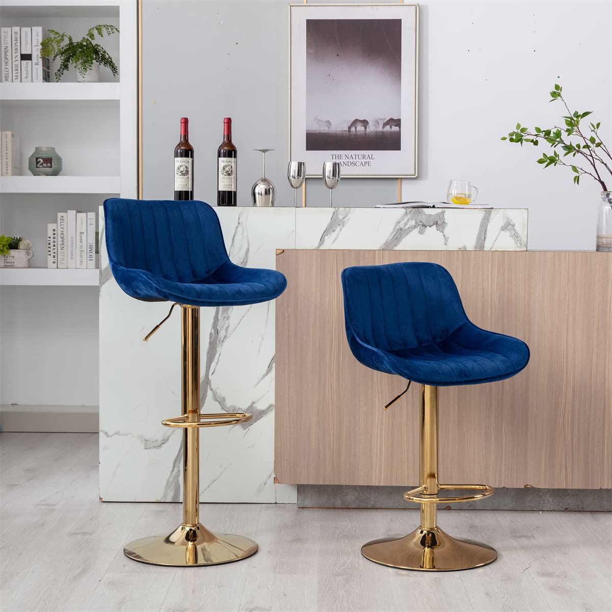 TRIPLE TREE Velvet Bar Stools Set of 2 - Adjustable Counter Height Bar Chairs with Backrest & Footrest, Gold Metal Base Swivel Stools for Kitchen Island, Dining Room & Home Bar - Navy Blue Velvet Upholstery | Perfect for Entertaining, Breakfast Nooks & Modern Home Decor