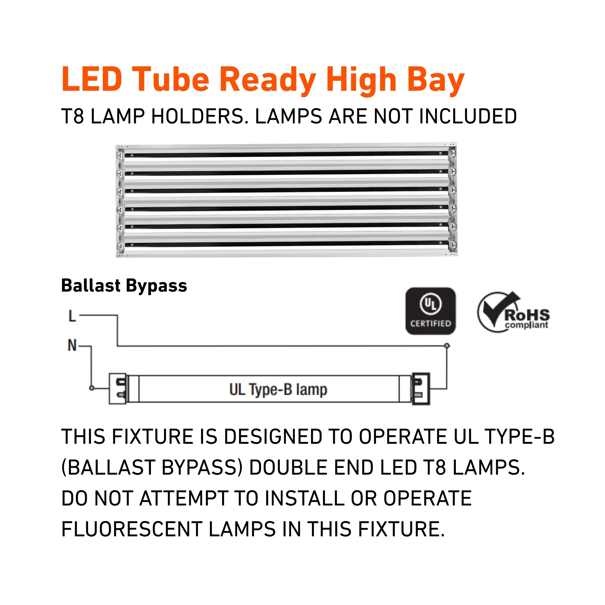 4ft LED High Bay Light Fixture - 6 Lamp T8 Ballast Free, 5000K Daylight, 12000LM, 120-277V - Perfect for Warehouse, Workshop & Garage Lighting