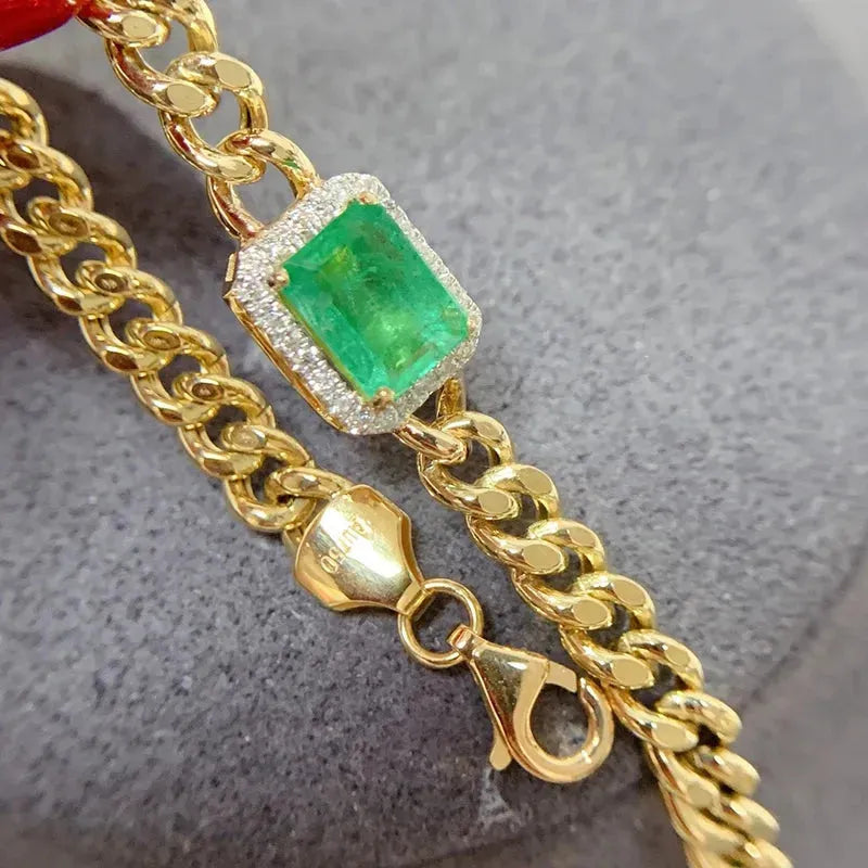 18K Yellow Gold Cuban Chain Bracelet for Women - Shiny Diamond & Natural Emerald Fashion Jewelry - Perfect for Parties, Weddings & Special Occasions