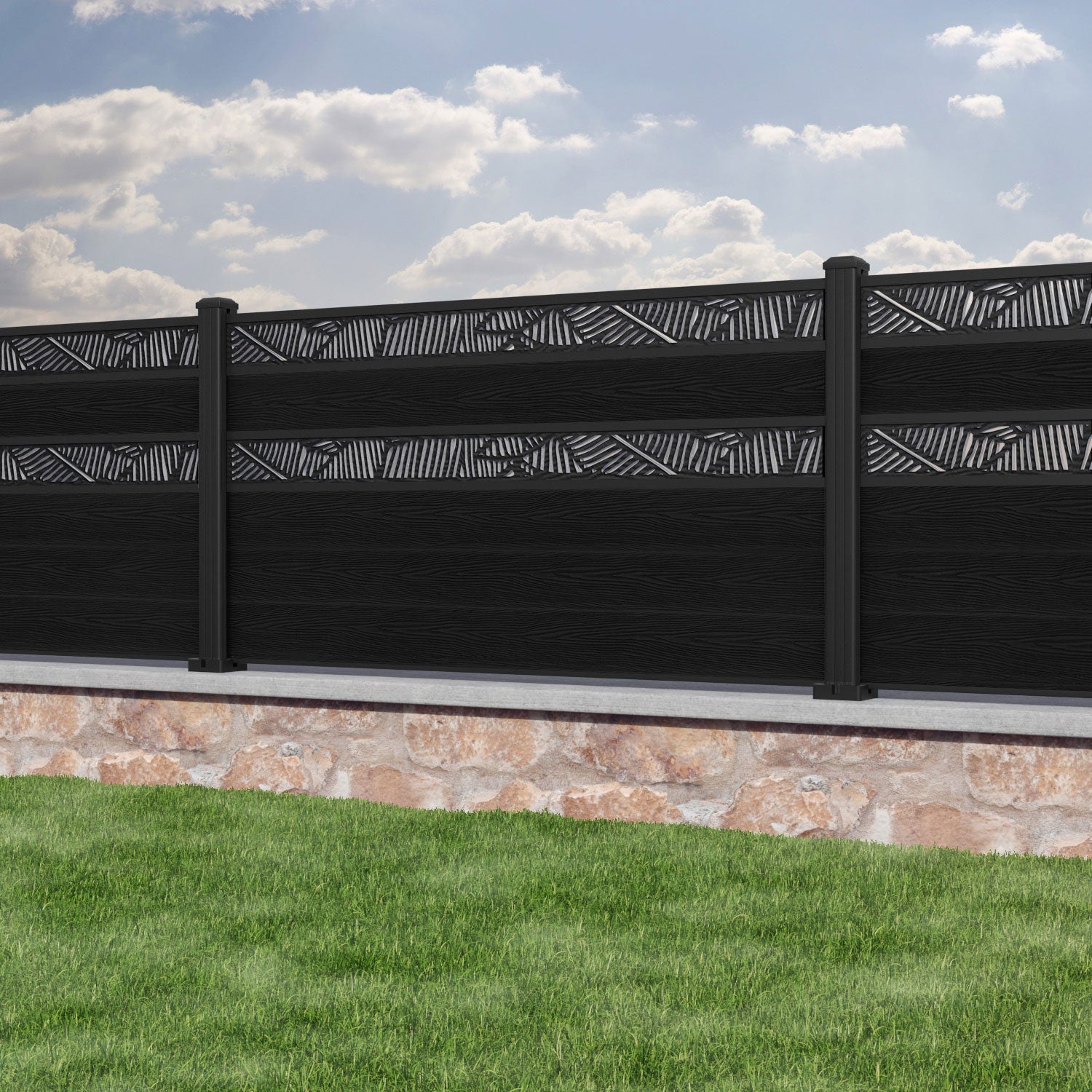Classic Black Feather Split Screen Fence Panel with Aluminum Posts - Privacy Fencing for Patio, Garden, and Backyard Decoration