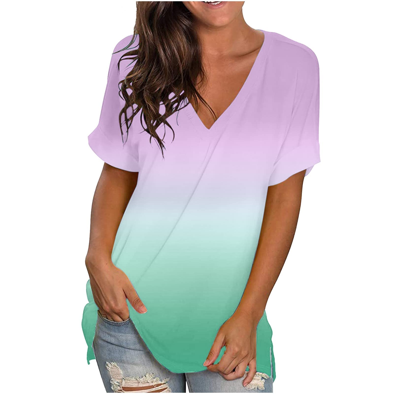 Women's V-Neck T-Shirt Summer Tops - Gradient Printed Casual Short Sleeve Tee, Plus Size Loose Blouse Tunic for Work, Travel & Everyday Wear