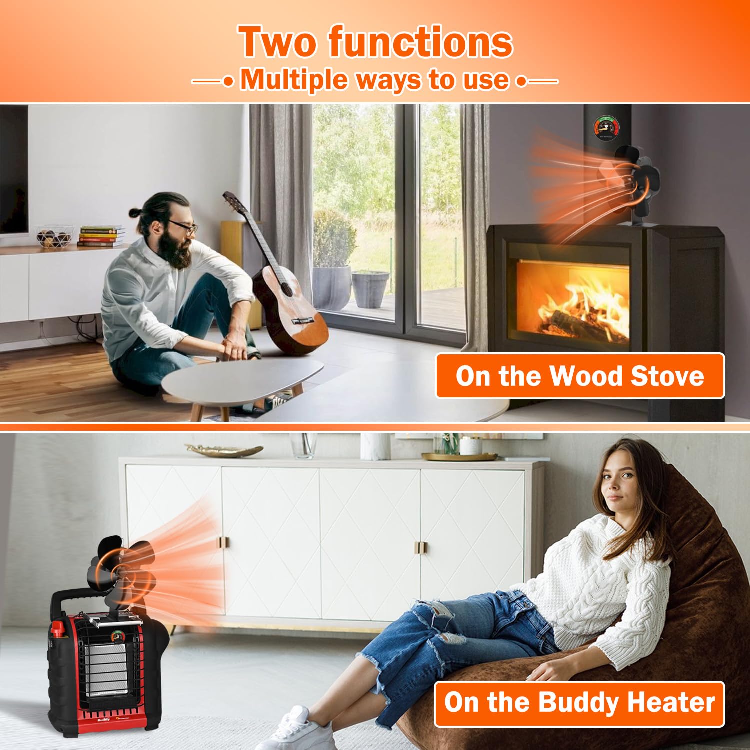 Efficient Heat Powered Wood Stove Fan with Magnetic Thermometer - Eco-Friendly Thermoelectric Fireplace Fan for Wood Burning Stoves, Pellet Heaters & Log Burners - Perfect for Home Heating & Energy Savings