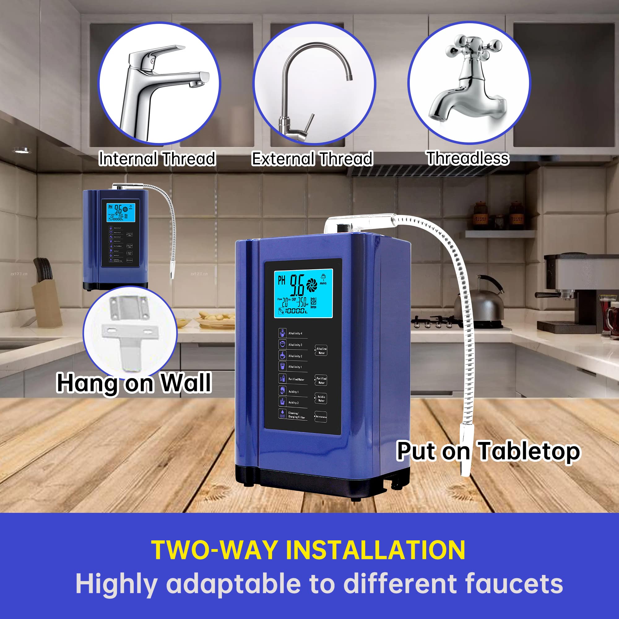 Premium Alkaline Water Ionizer Machine - pH 3.5-10.5 Adjustable, -500mV ORP, 8000L Filter Capacity, 7 Water Settings, Auto-Cleaning & Voice Control (Blue) - Perfect for Home, Office & Health Enthusiasts