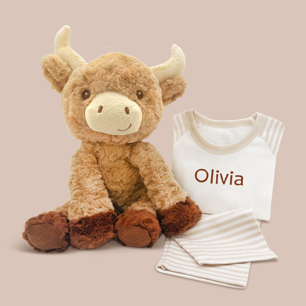 Personalized Highland Cow Plush Toy with Pajamas - Cute Stuffed Animal Gift Set for Kids, Birthday, Christmas & Nursery Decor