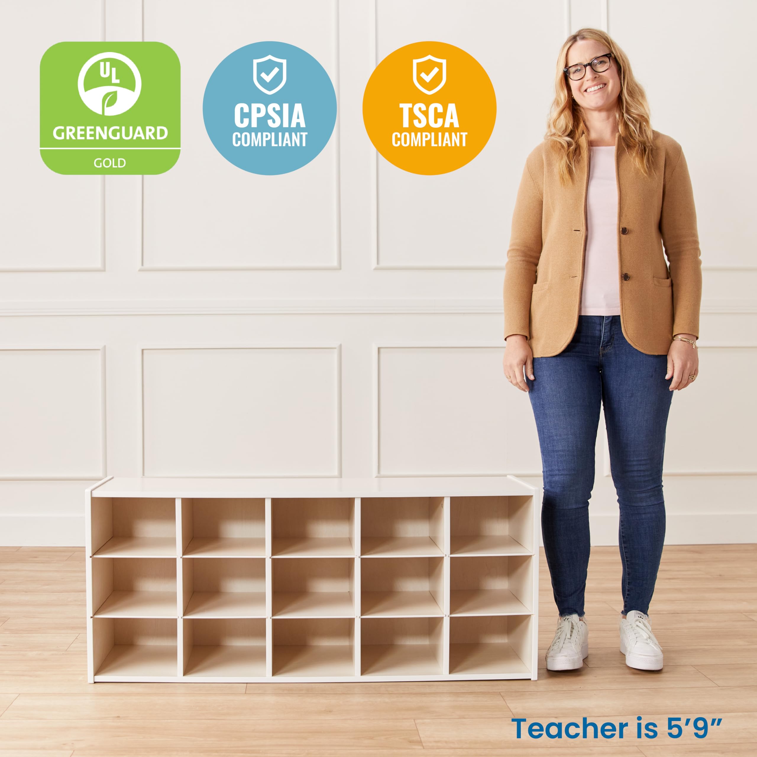 ECR4Kids 15-Cubby Storage Cabinet with Trays, 3x5 Organizer for Classroom, School, or Home - White Wash Finish - Perfect for Toys, Books, and School Supplies Storage