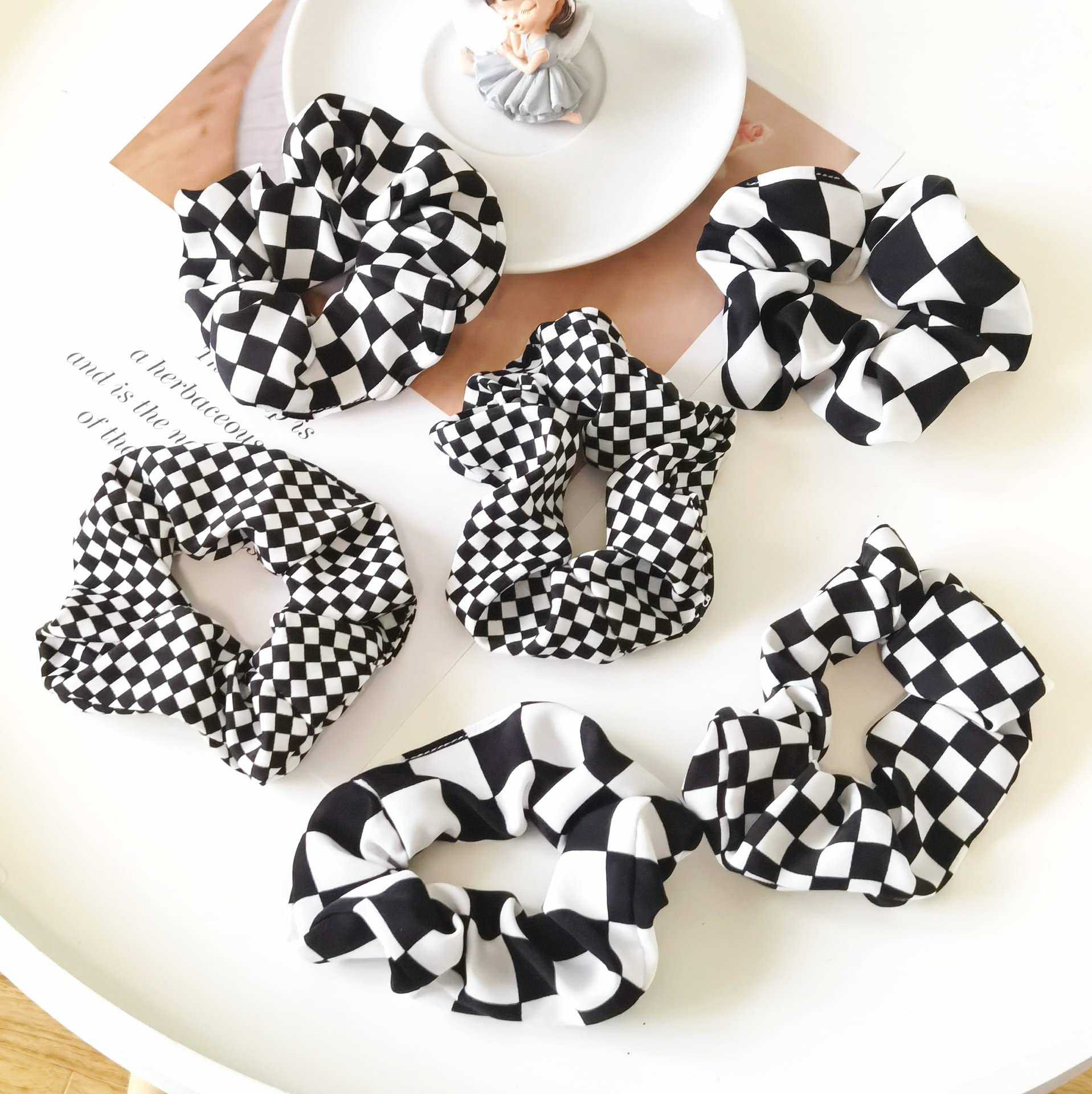 Buffalo Plaid Scrunchies for Women & Girls - Black & White Checkered Elastic Hair Ties | Soft Ponytail Holders & Hair Accessories for School, Work & Everyday Style
