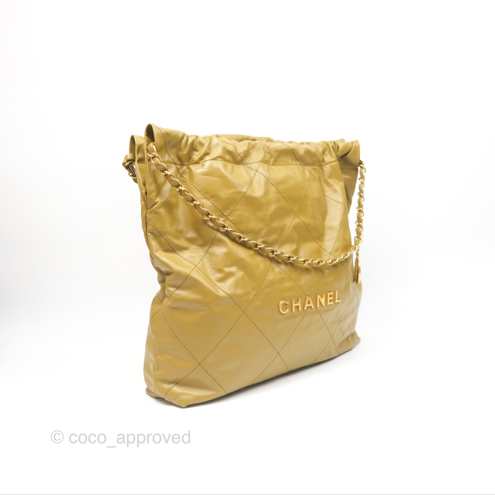 Chanel 22 Medium Handbag in Olive Shiny Crumpled Calfskin with Aged Gold Hardware - Luxury Crossbody Bag for Women, Perfect for Date Night & Evening Events