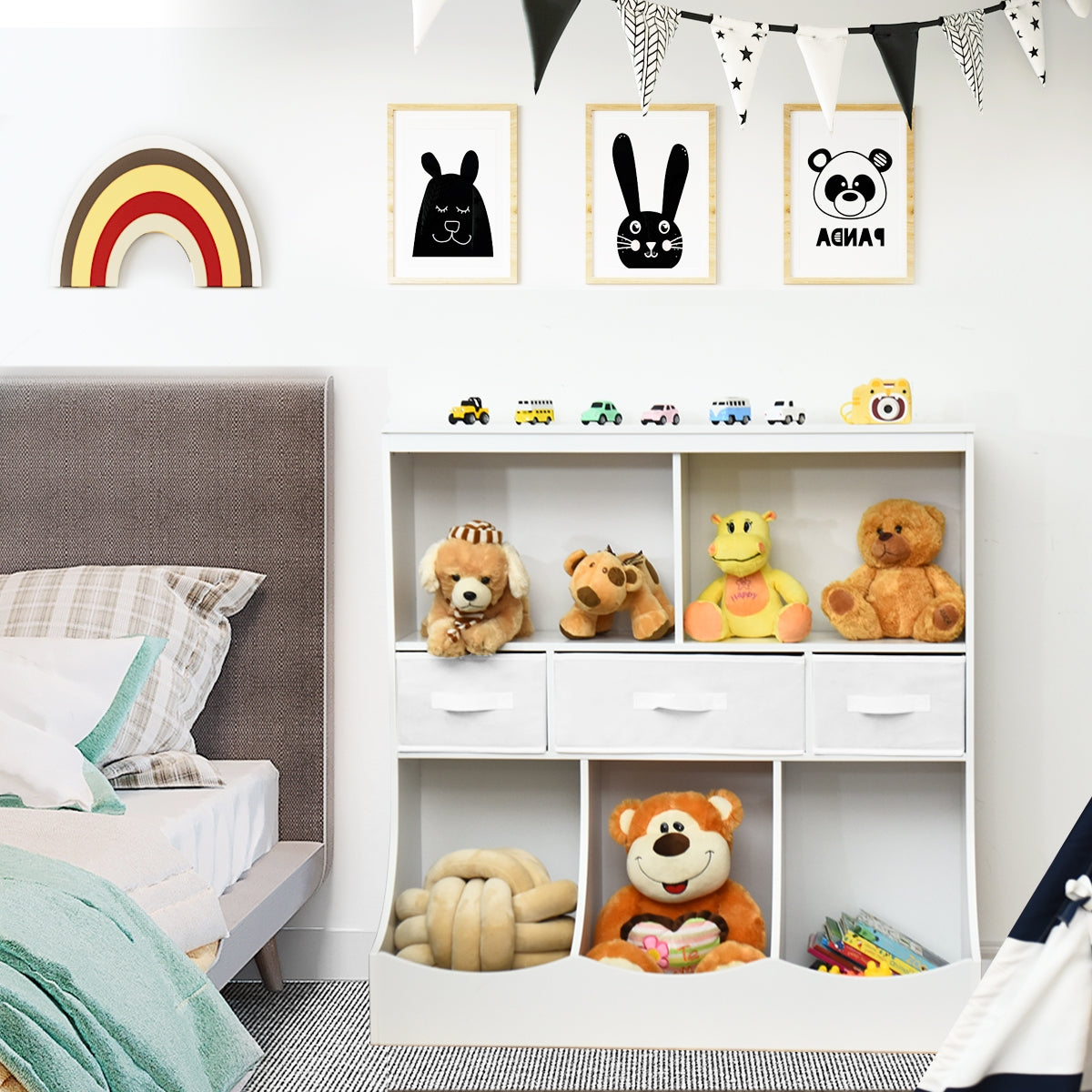 White Freestanding Combo Cubby Bin Storage Organizer with 3 Baskets - Perfect for Kids' Room, Playroom, and Closet Organization