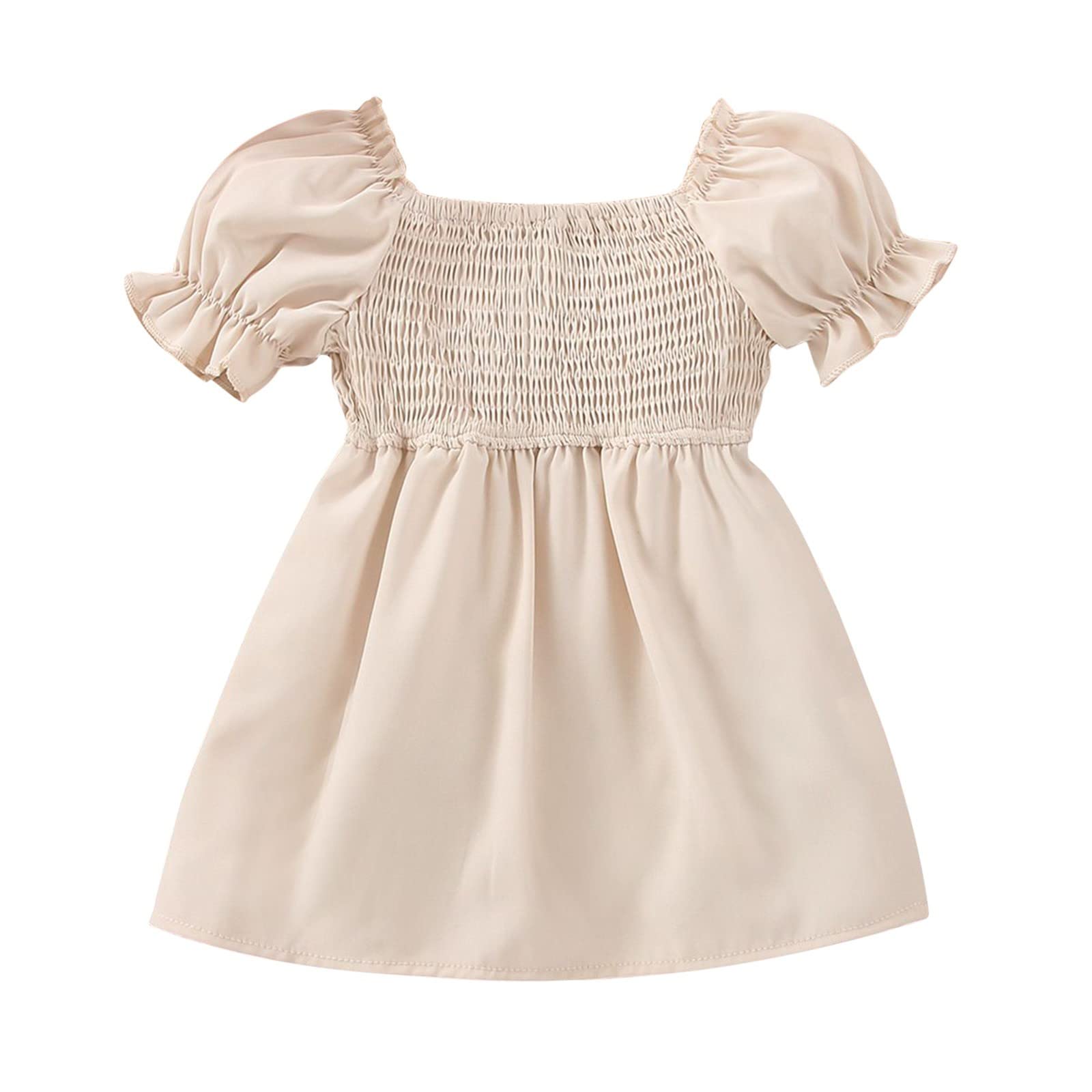 Newborn Baby Girl Summer Puff Sleeve Solid Dress - Casual Ruffle Outfit for Beach, Party & Photoshoot | Soft Cotton Infant Clothing