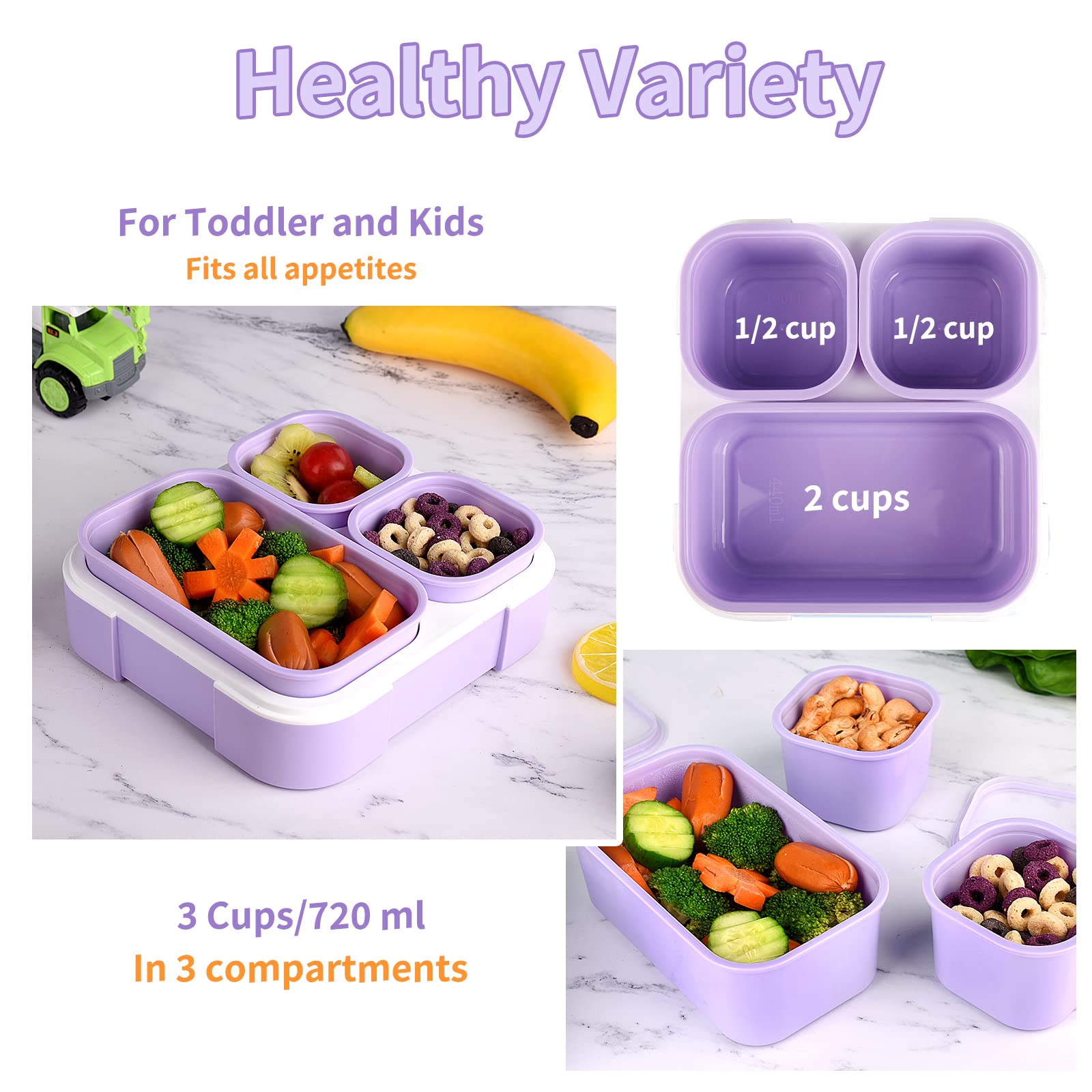 **Genteen 3-Compartment Leak-Proof Snack Containers for Kids - BPA-Free Lunch Box with Dividers, Portion Control for School & Travel (Purple + Blue) - Ideal for Snacks, Fruits, and Sandwiches**