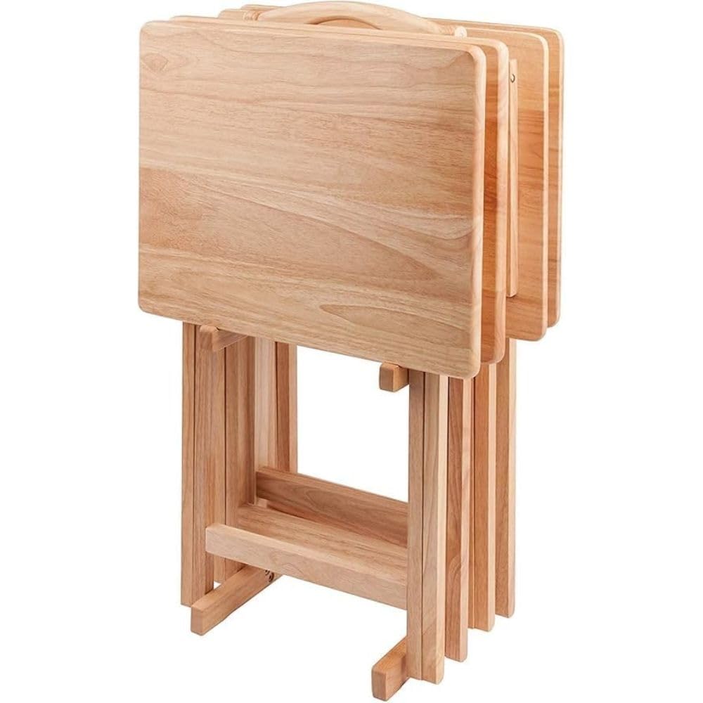 5-Piece Wooden Alex Snack Table Set - Folding TV Tray, Portable Laptop Stand, Compact Gaming Desk - Space Saving, Sturdy & Lightweight for Living Room, Bedroom, Office - Natural Finish - Perfect for Snacking, Working, Studying & Gaming