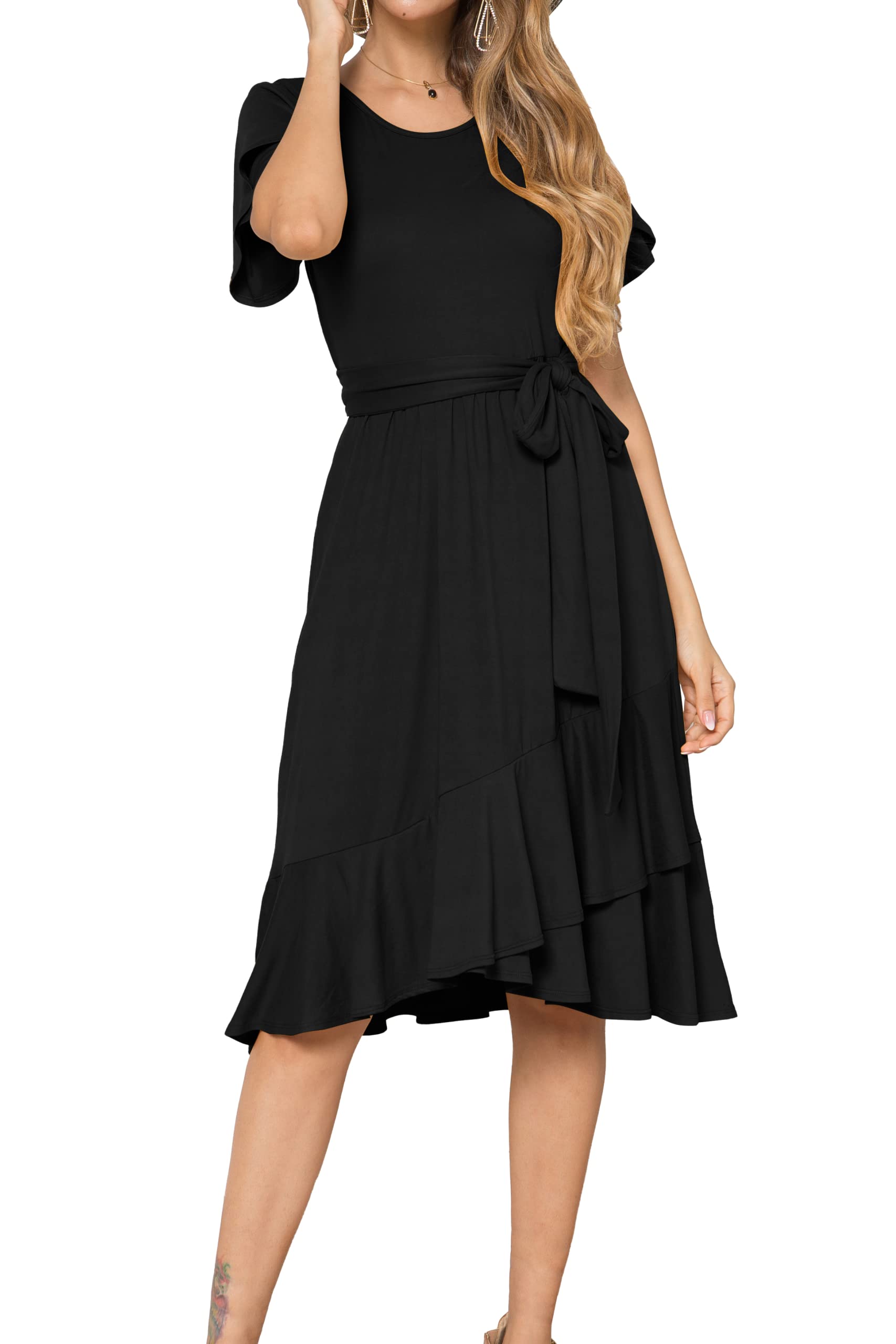 Levaca Women's Casual Flowy Short Sleeve Midi Dress with Belt - Summer Beach, Party & Everyday Wear