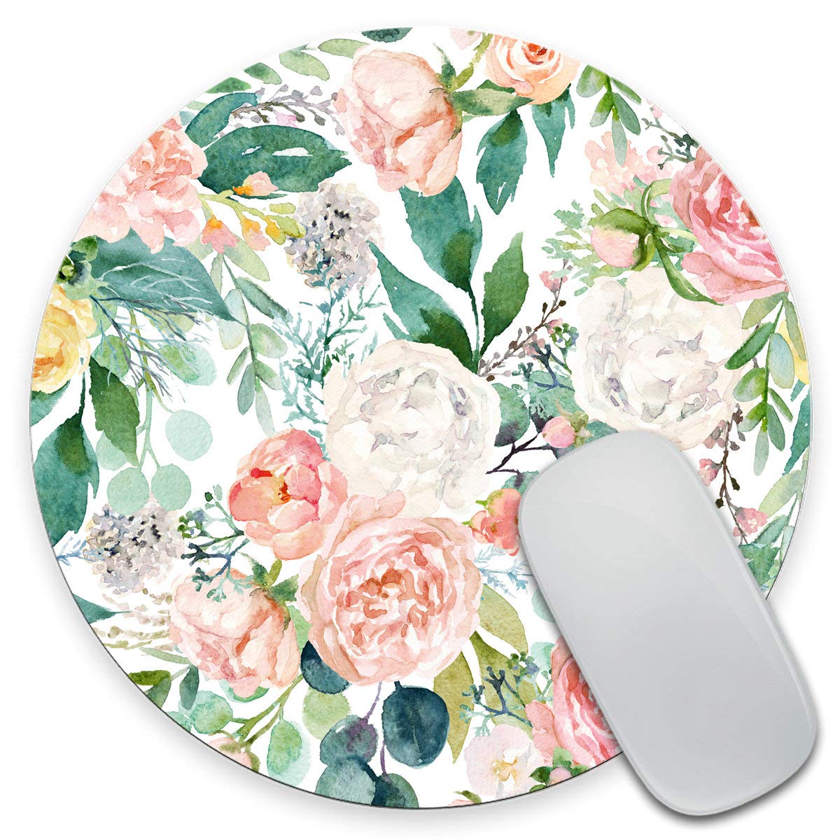 Round Watercolor Floral Mouse Pad with Flowers and Leaves - Non-Slip Office Desk Mat, Computer Accessory for Work & Gaming - Perfect Gift for Home & Office Decor