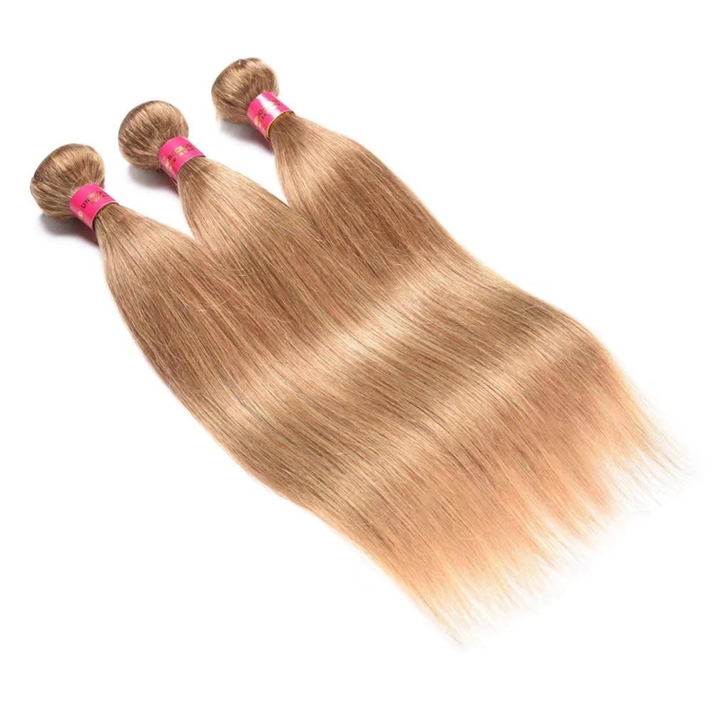 FEEL ME Honey Blonde Brazilian Hair 3 Bundles - Unprocessed Virgin Straight Human Hair Extensions 8A Grade - Color #27 (10 12 14 Inch) - Perfect for Daily Styling, Parties & Special Occasions