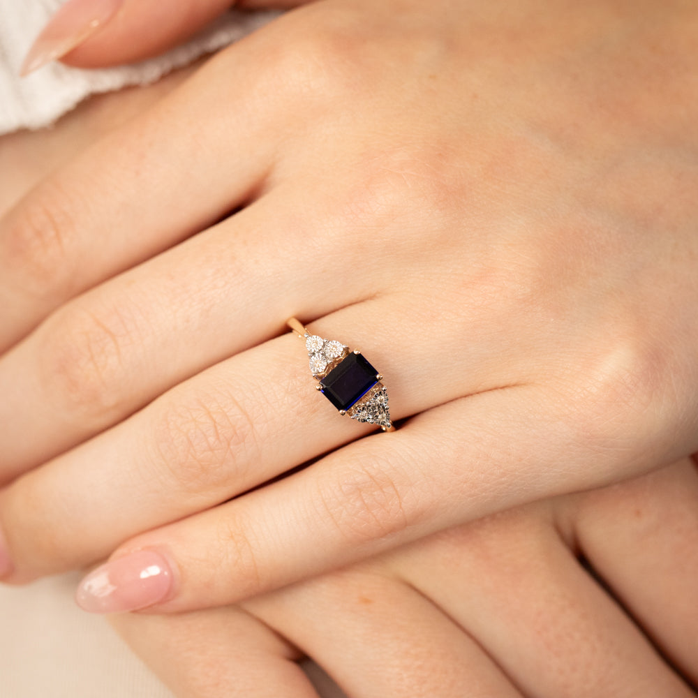 9ct Yellow Gold 7mm Created Sapphire and Diamond Ring for Women - Elegant Engagement, Wedding, Anniversary Gift - Perfect for Special Occasions
