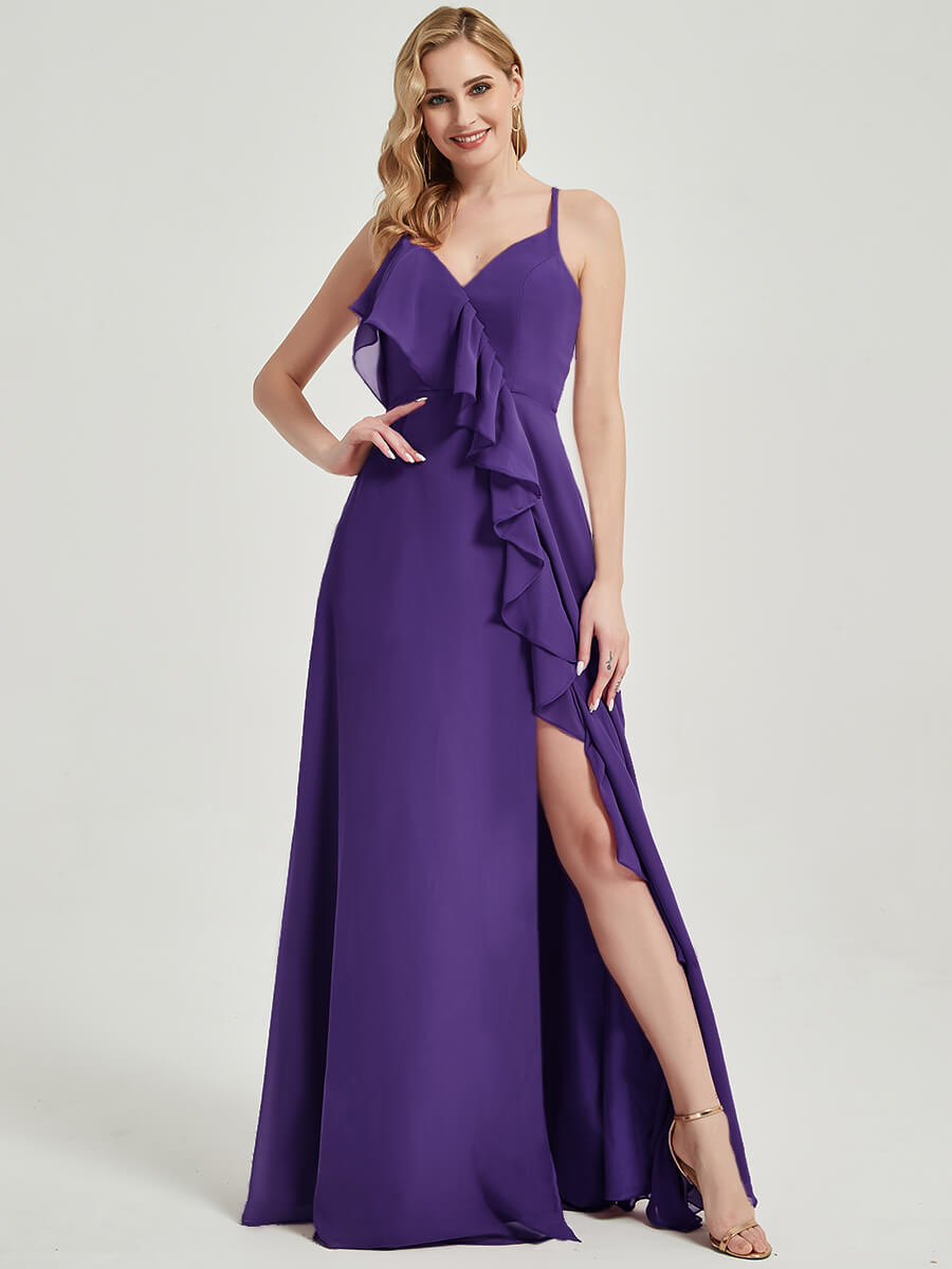 Elegant Royal Purple Chiffon Bridesmaid Dress with Criss Cross Straps, Ruffles & High Slit - Perfect for Weddings, Formal Events & Evening Parties