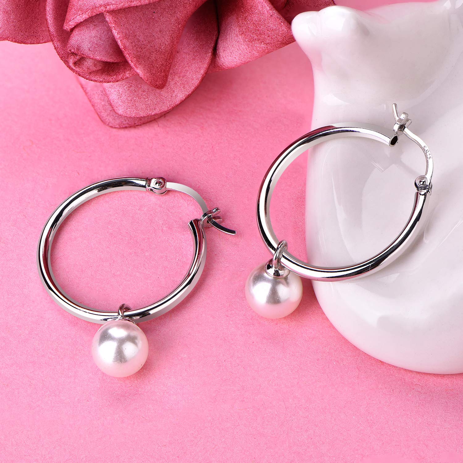 JO WISDOM 925 Sterling Silver Pearl Hoop Earrings - 7mm/8mm White Gold Plated Freshwater Pearl Drop Earrings for Women | Elegant Wedding, Bridal, Party & Everyday Jewelry Gift