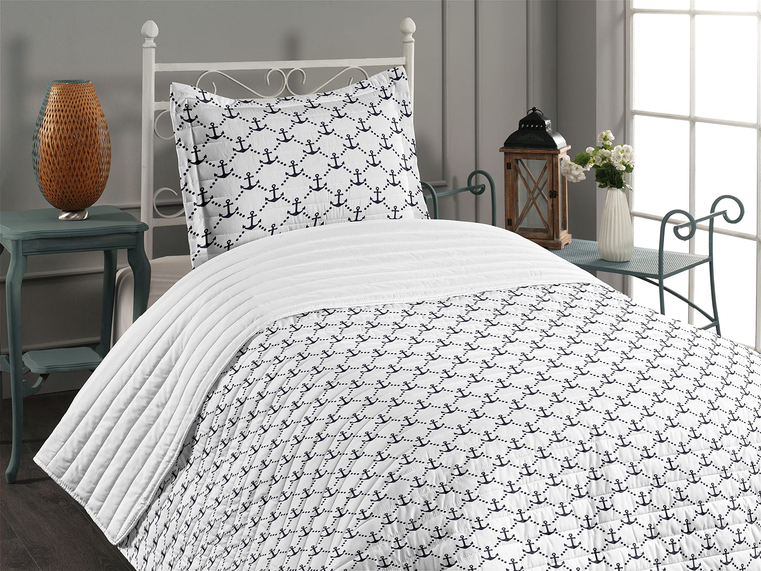 Lunarable Anchor Microfiber Bedspread Set - Nautical Ocean Theme with Dotted Tile Design, Soft Twin Size Bedding Includes Comforter & Pillow Sham (Dark Blue/White) - Perfect for Cruise Ships, Yacht Cabins & Coastal Bedroom Decor